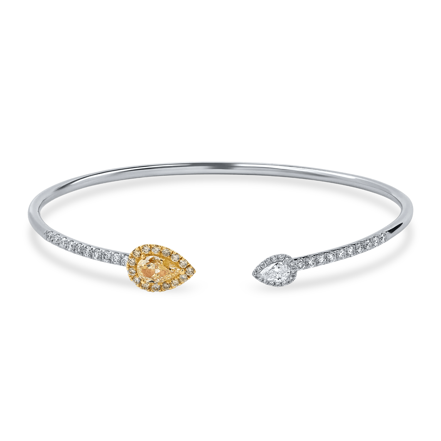 Brățară fixă deschisă din aur alb cu diamante fancy galbene pear și incolore de 1.2ct – Teilor Brățară fixă deschisă din aur alb cu diamante fancy galbene pear și incolore de 1.2ct – Teilor