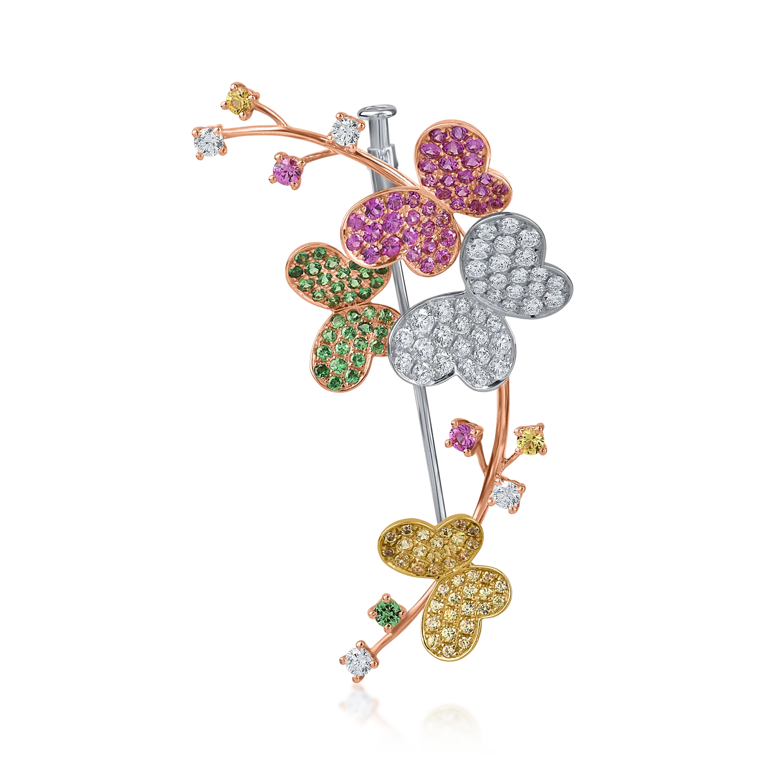 Broșă cu fluturi din aur alb-roz-galben cu pietre prețioase și semiprețioase de 2.3ct Broșă cu fluturi din aur alb-roz-galben cu pietre prețioase și semiprețioase de 2.3ct