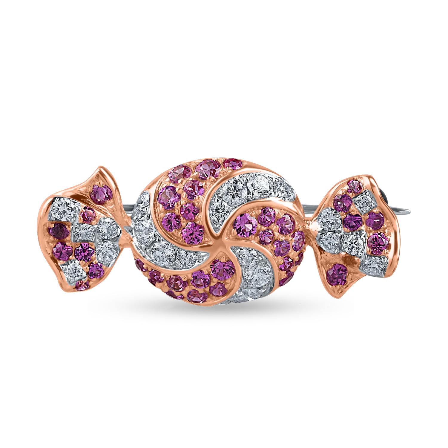 Broșă bomboană din aur alb-roz cu diamante de 0.3ct și safire roz de 0.5ct Broșă bomboană din aur alb-roz cu diamante de 0.3ct și safire roz de 0.5ct
