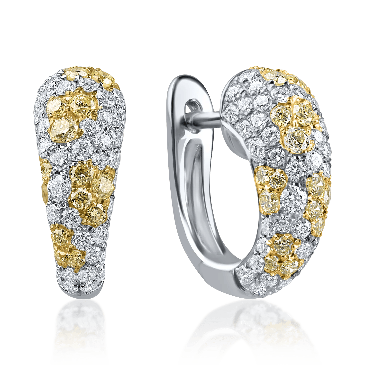 Cercei din aur alb cu diamante galbene baguette și incolore rotunde de 1.55ct – Teilor Cercei din aur alb cu diamante galbene baguette și incolore rotunde de 1.55ct – Teilor