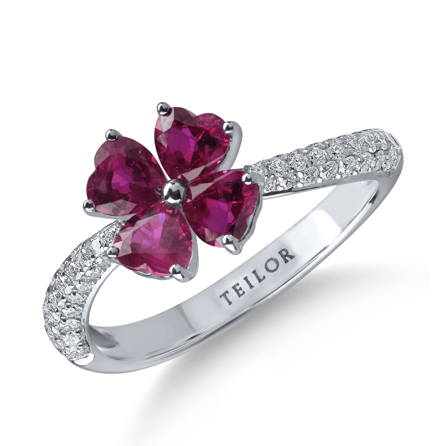Inel floare din aur alb cu rubine heart și diamante de 1.5ct – Teilor Inel floare din aur alb cu rubine heart și diamante de 1.5ct – Teilor