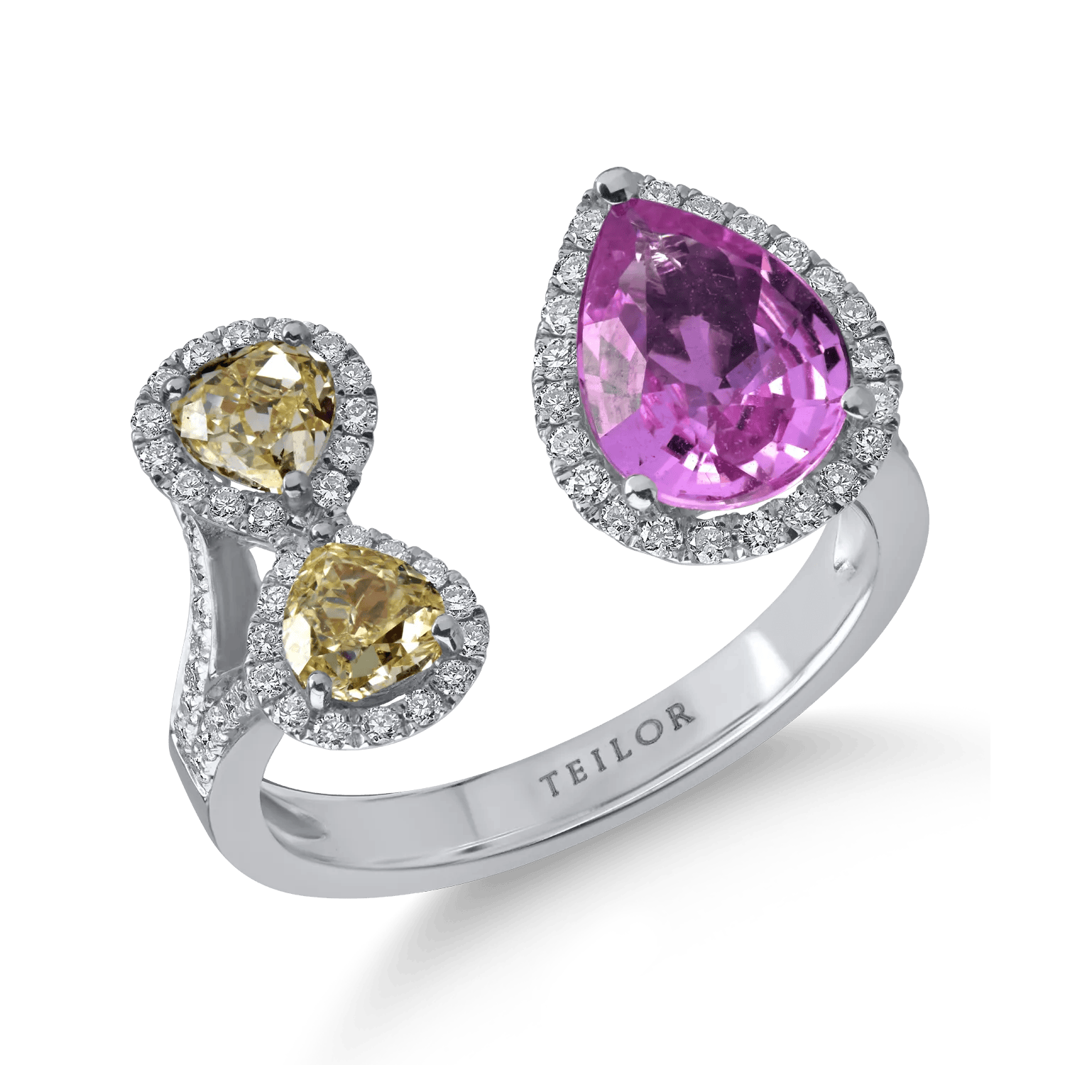 Inel deschis din aur alb cu safir roz pear și diamante galbene și incolore de 2.6ct – Teilor Inel deschis din aur alb cu safir roz pear și diamante galbene și incolore de 2.6ct – Teilor