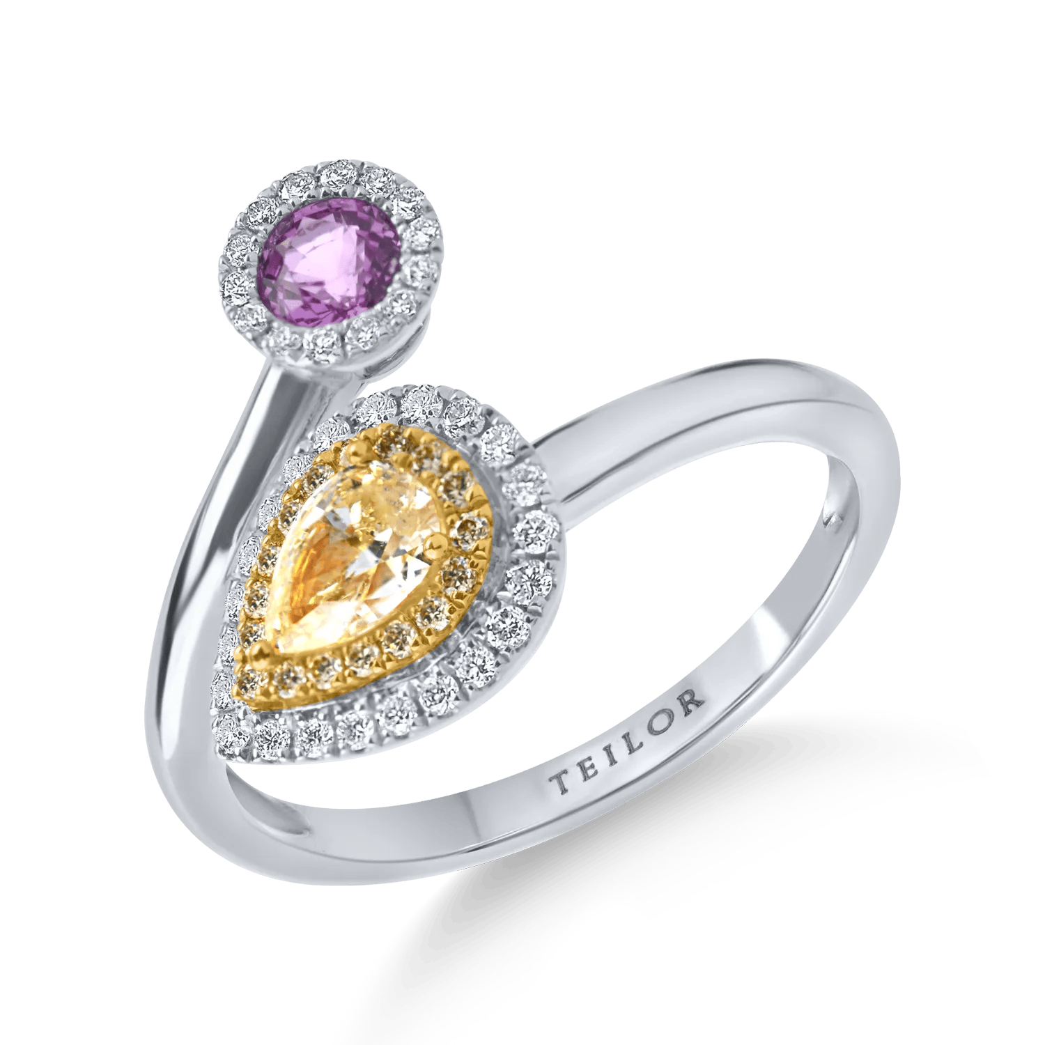 Inel deschis din aur alb cu diamant fancy galben pear de 0.4ct, safir roz de 0.3ct și diamante galbene și incolore de 0.1ct – Teilor Inel deschis din aur alb cu diamant fancy galben pear de 0.4ct, safir roz de 0.3ct și diamante galbene și incolore de 0.1ct – Teilor