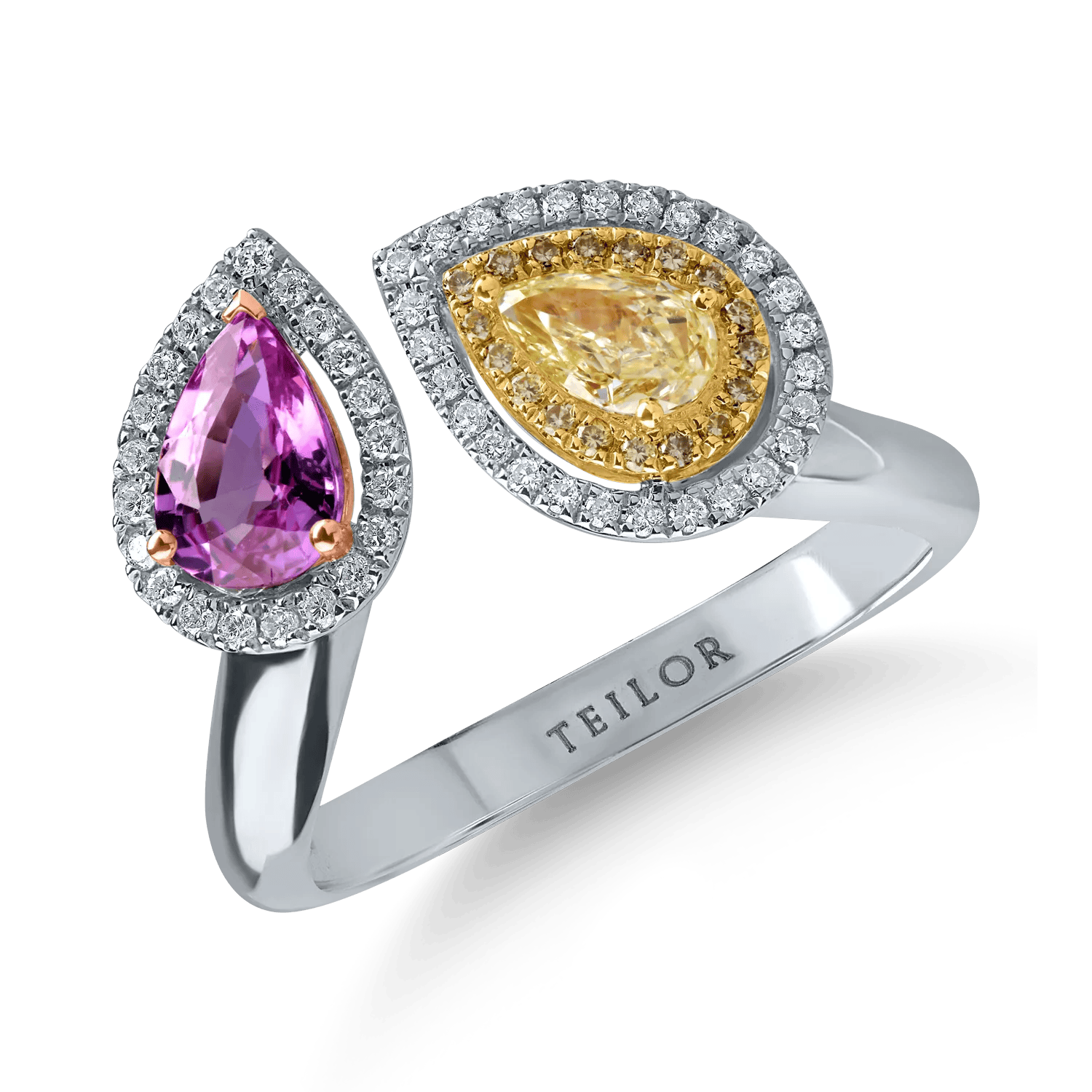 Inel deschis din aur alb cu diamant fancy galben pear de 0.3ct, safir roz de 0.8ct și diamante galbene și incolore de 0.1ct – Teilor Inel deschis din aur alb cu diamant fancy galben pear de 0.3ct, safir roz de 0.8ct și diamante galbene și incolore de 0.1ct – Teilor
