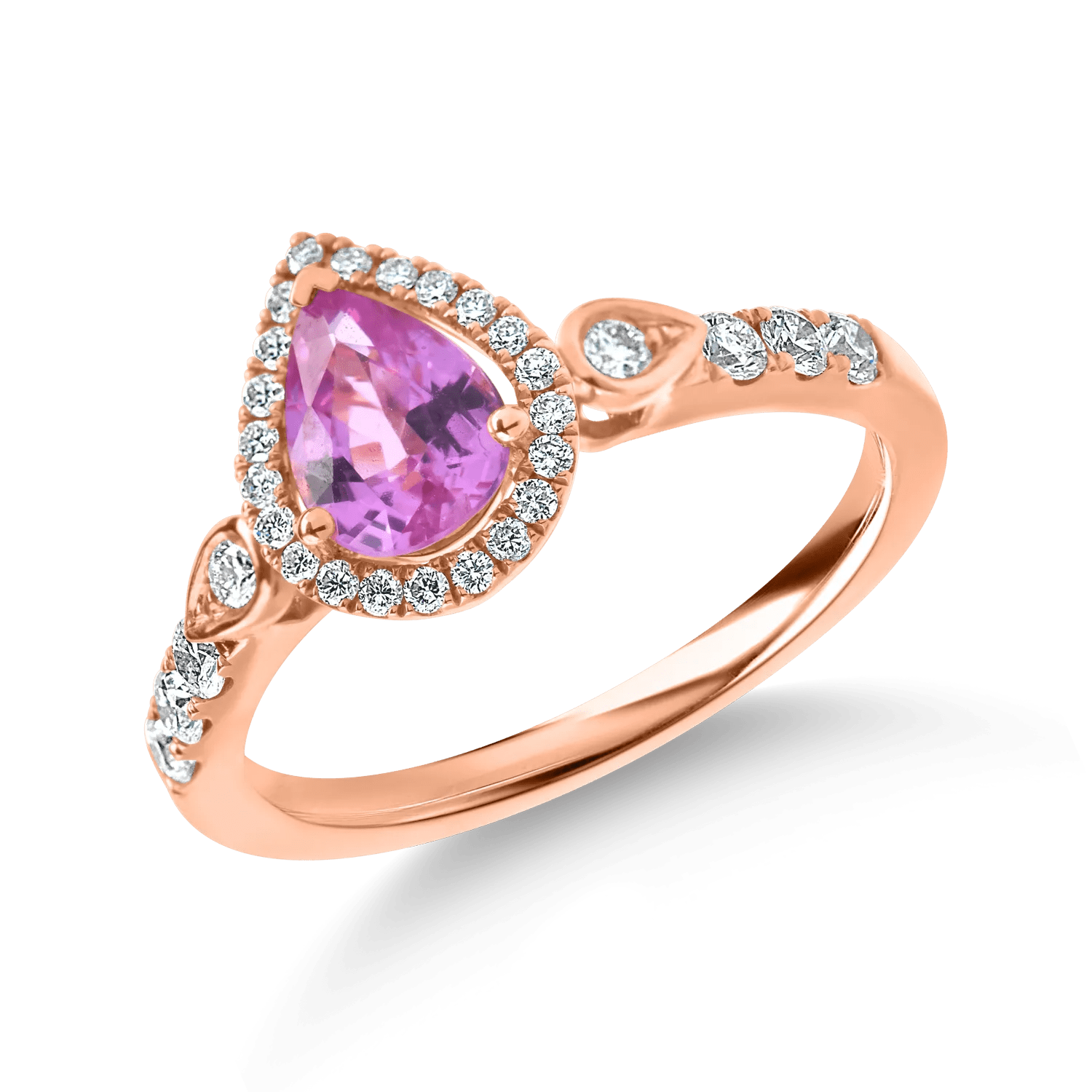 Inel din aur roz cu safir roz pear de 1.2ct și diamante Inel din aur roz cu safir roz pear de 1.2ct și diamante