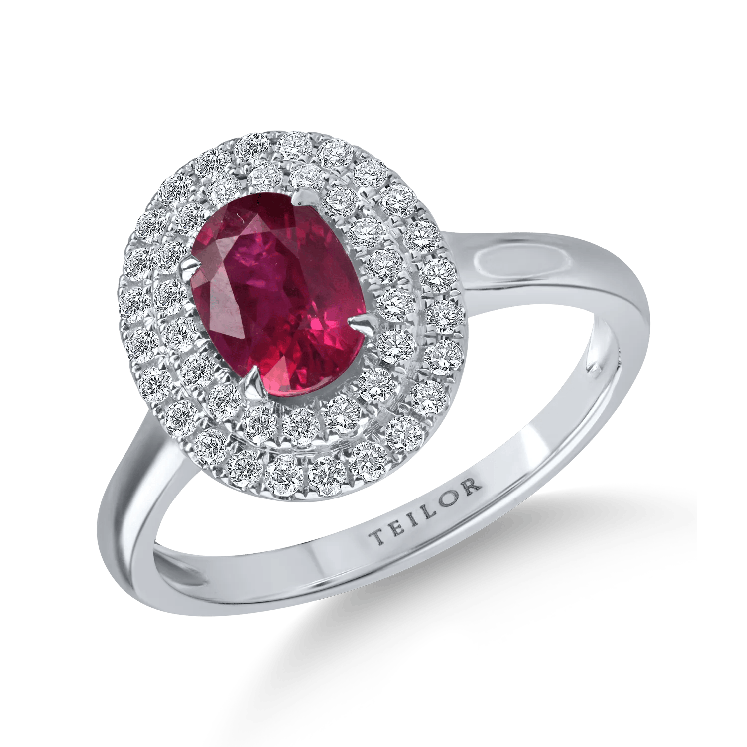 Inel oval din aur alb cu rubin de 1ct și diamante de 0.2ct – Teilor Inel oval din aur alb cu rubin de 1ct și diamante de 0.2ct – Teilor