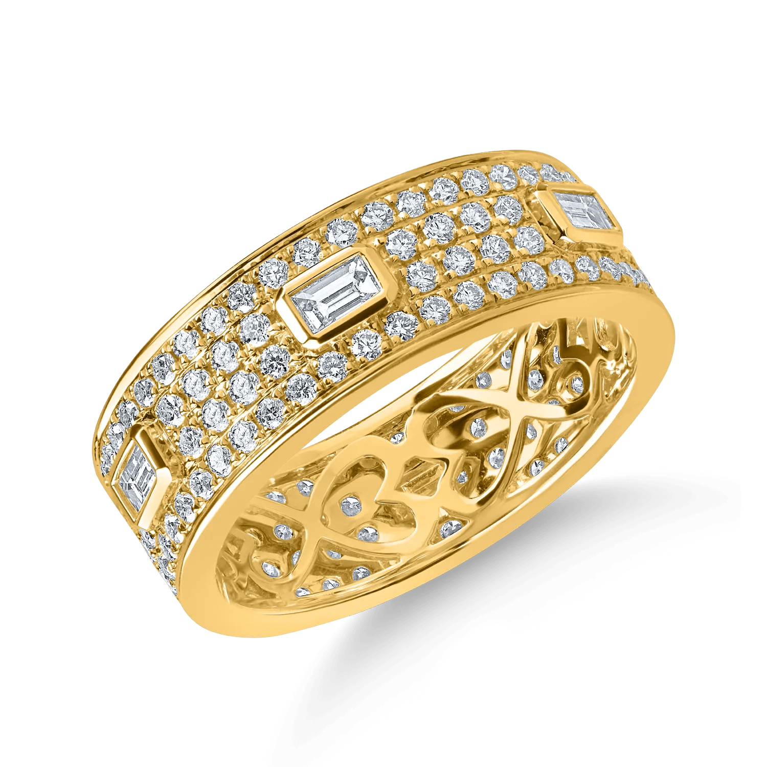 Inel din aur galben cu diamante baguette și rotunde de 1.3ct Inel din aur galben cu diamante baguette și rotunde de 1.3ct