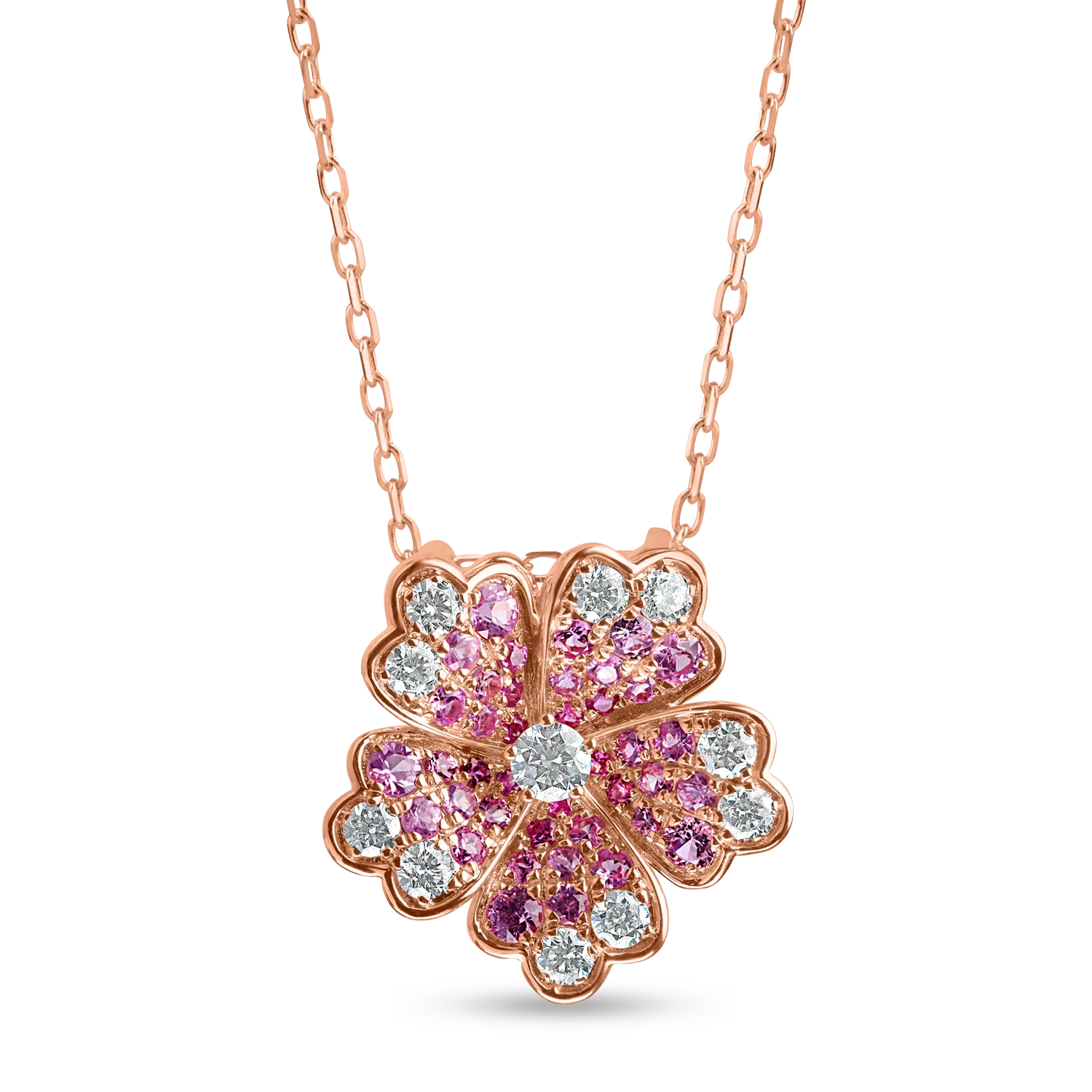 Lanț cu pandantiv floare din aur roz cu diamante de 0.4ct și safire roz de 0.6ct Lanț cu pandantiv floare din aur roz cu diamante de 0.4ct și safire roz de 0.6ct