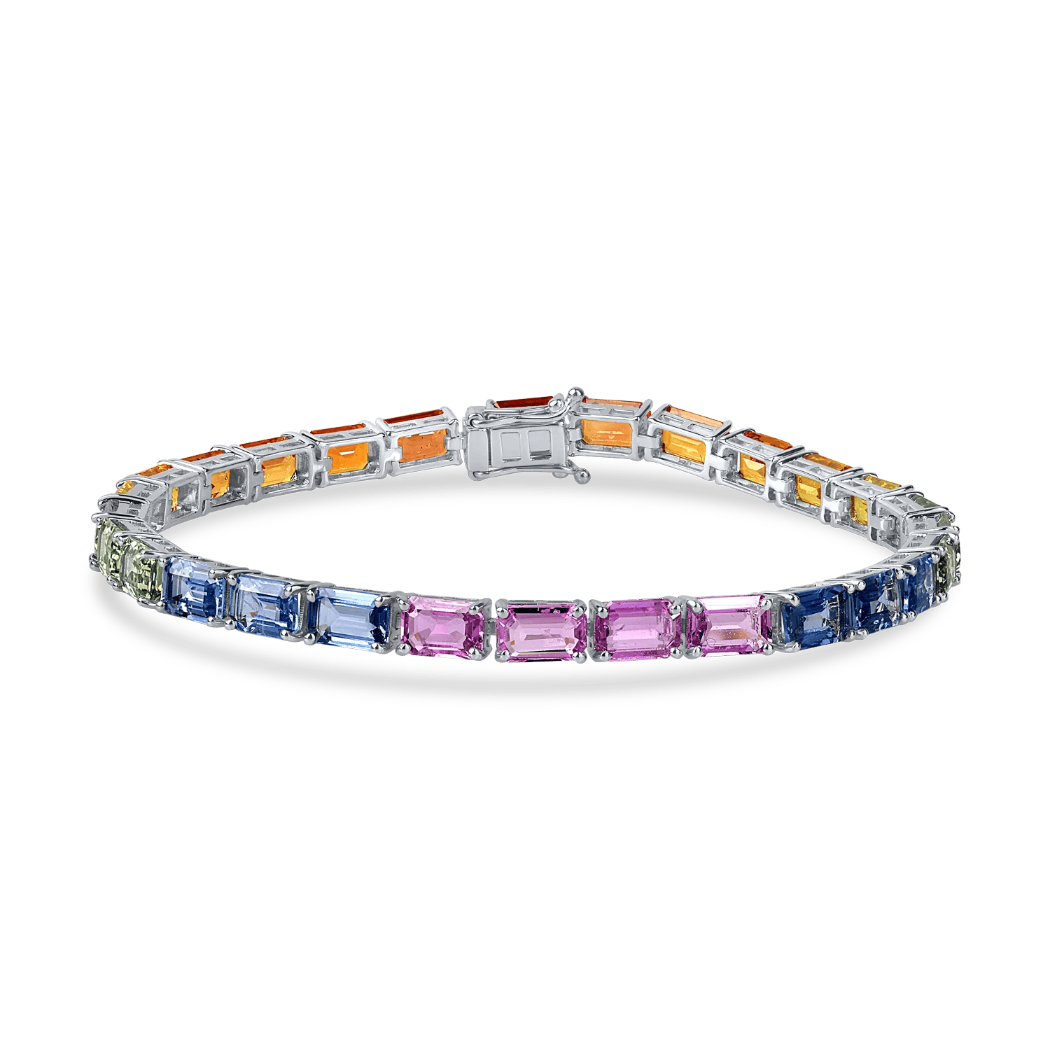 Brățară tennis din aur alb cu safire multicolore rectangulare de 18.3ct – Teilor Brățară tennis din aur alb cu safire multicolore rectangulare de 18.3ct – Teilor