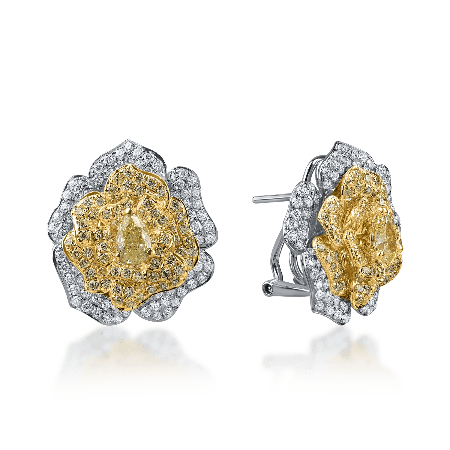 Cercei floare din aur alb-galben cu diamante galbene și incolore de 2.6ct Cercei floare din aur alb-galben cu diamante galbene și incolore de 2.6ct
