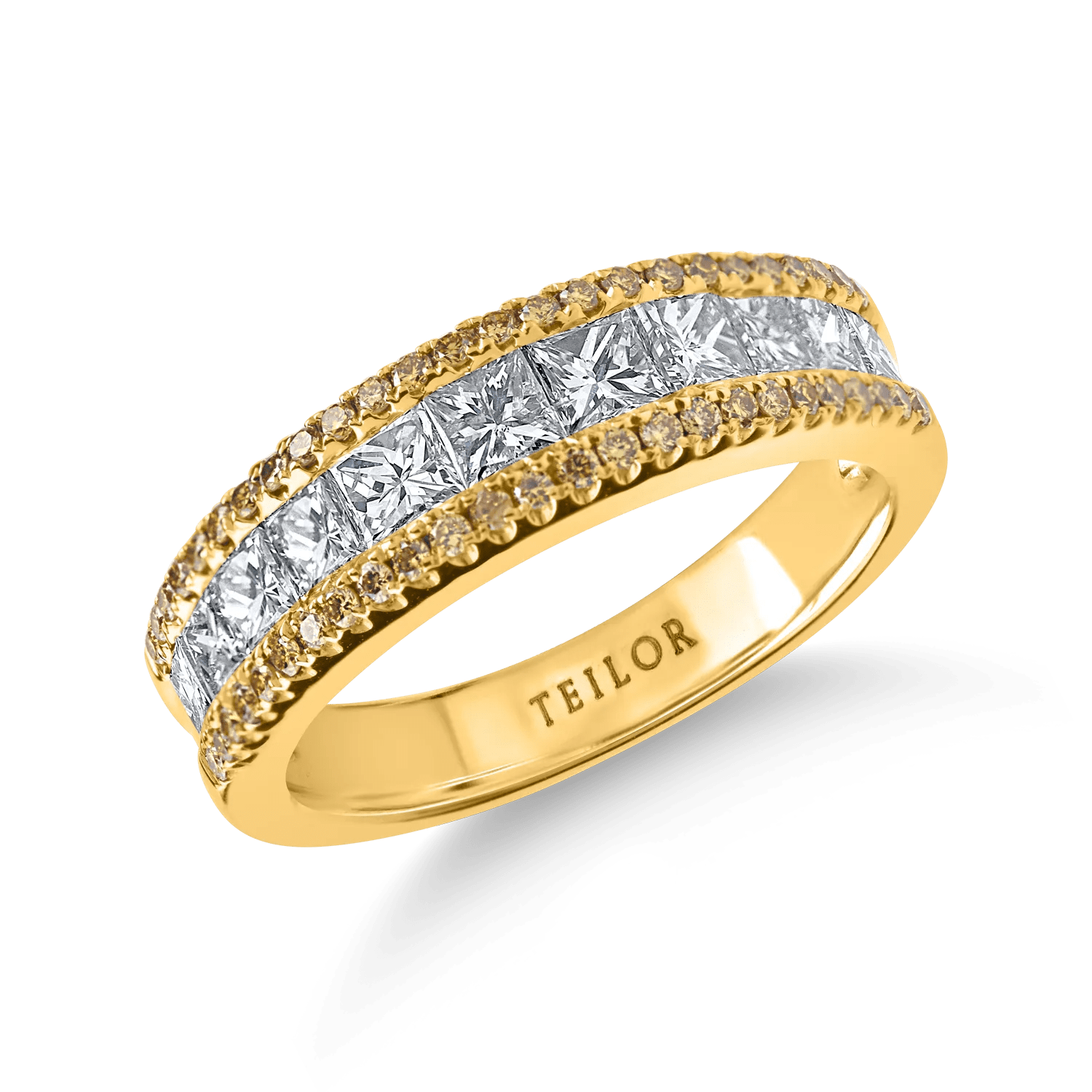 Inel semi-eternity cu diamante galbene și incolore în aur galben, 1.4ct Inel semi-eternity cu diamante galbene și incolore în aur galben, 1.4ct