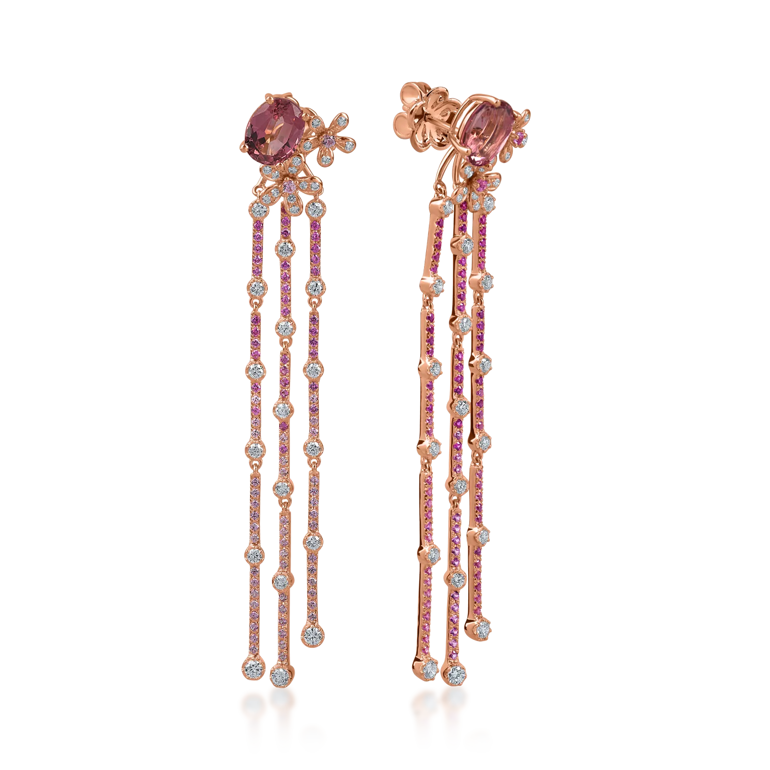 Cercei lungi din aur roz cu pietre prețioase și semiprețioase de 5.7ct Cercei lungi din aur roz cu pietre prețioase și semiprețioase de 5.7ct