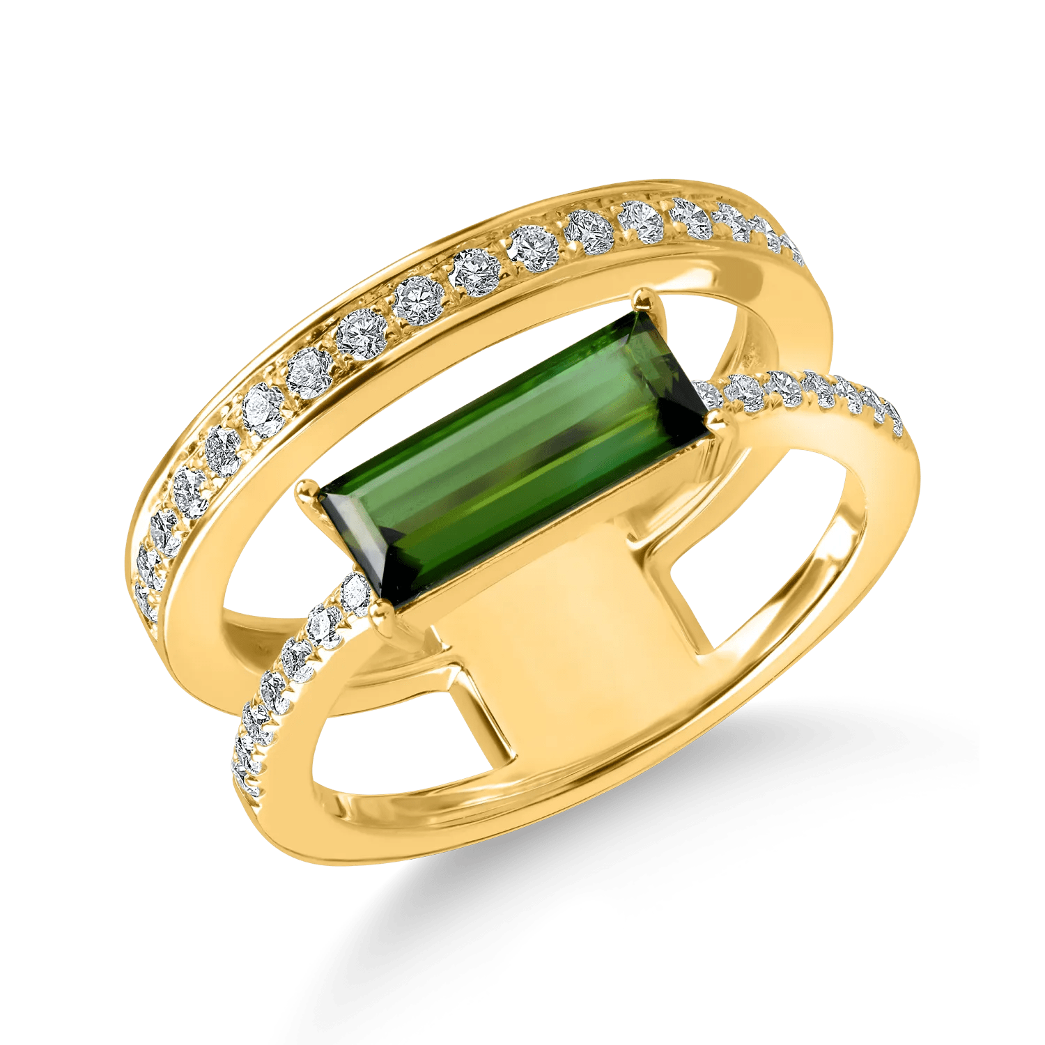 Inel dublu din aur galben cu turmalina verde 1.3ct și diamante 0.3ct Inel dublu din aur galben cu turmalina verde 1.3ct și diamante 0.3ct