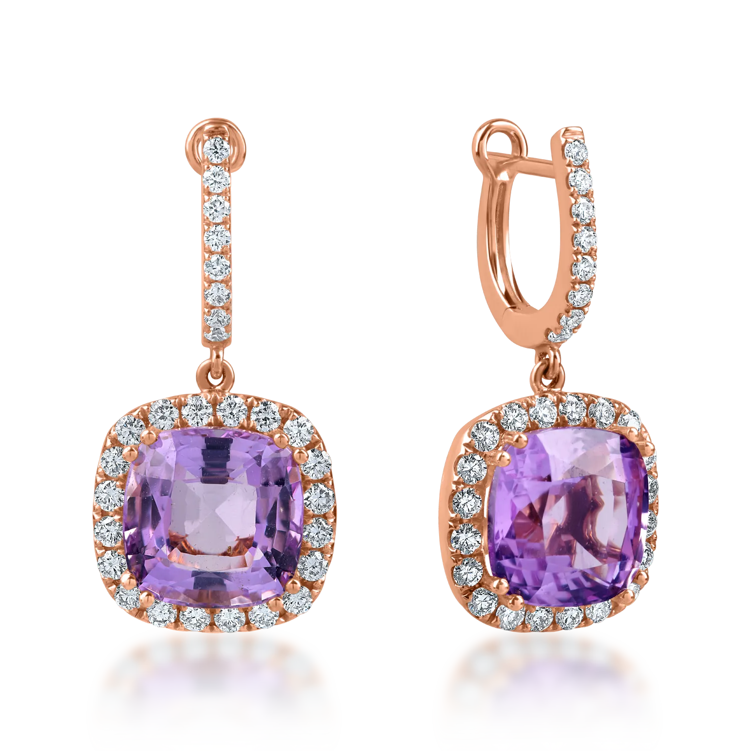 Cercei din aur roz cu ametiste rectangulare de 6.8ct și diamante de 0.7ct Cercei din aur roz cu ametiste rectangulare de 6.8ct și diamante de 0.7ct