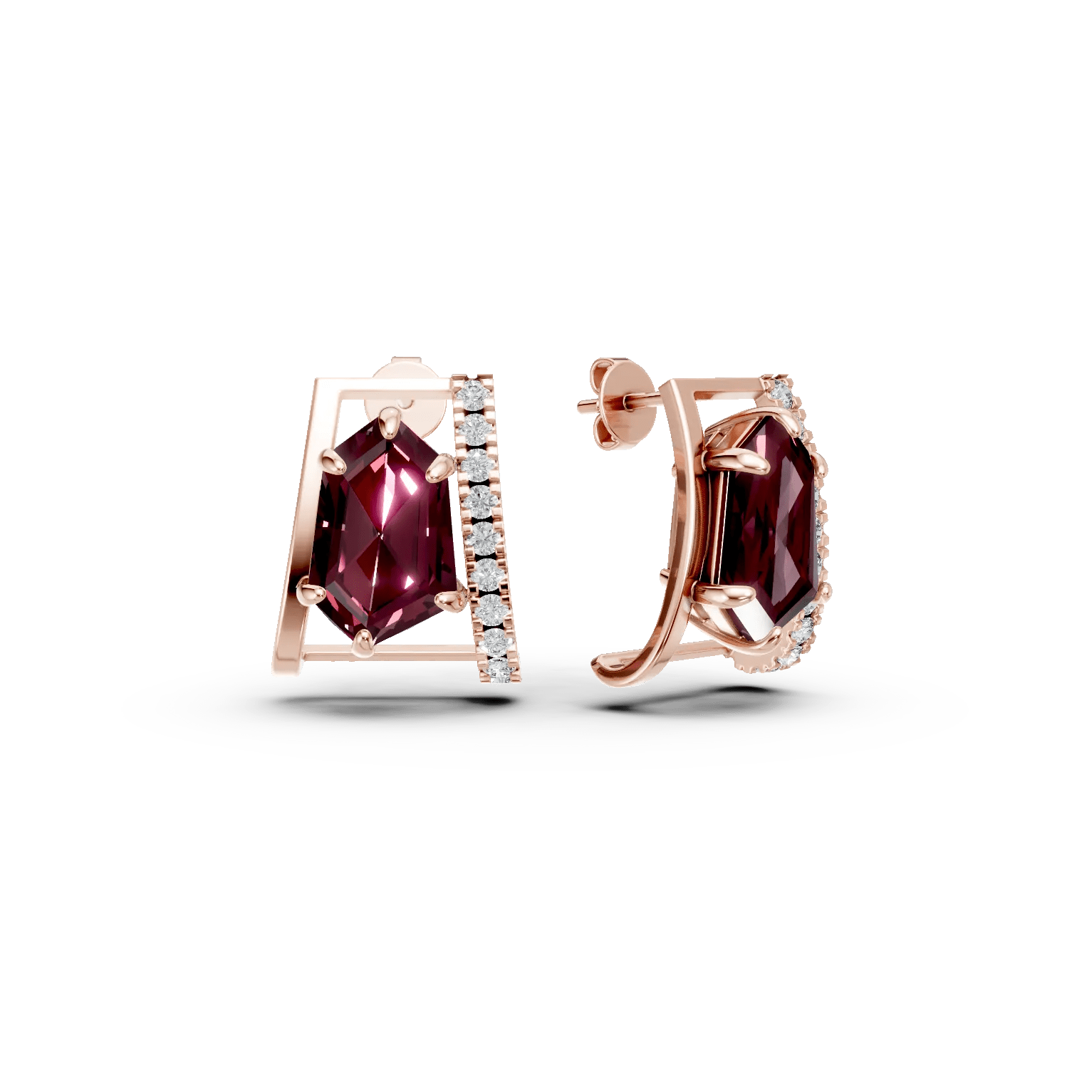 Cercei geometrici din aur roz cu granate de 4.3ct și diamante de 0.2ct Cercei geometrici din aur roz cu granate de 4.3ct și diamante de 0.2ct