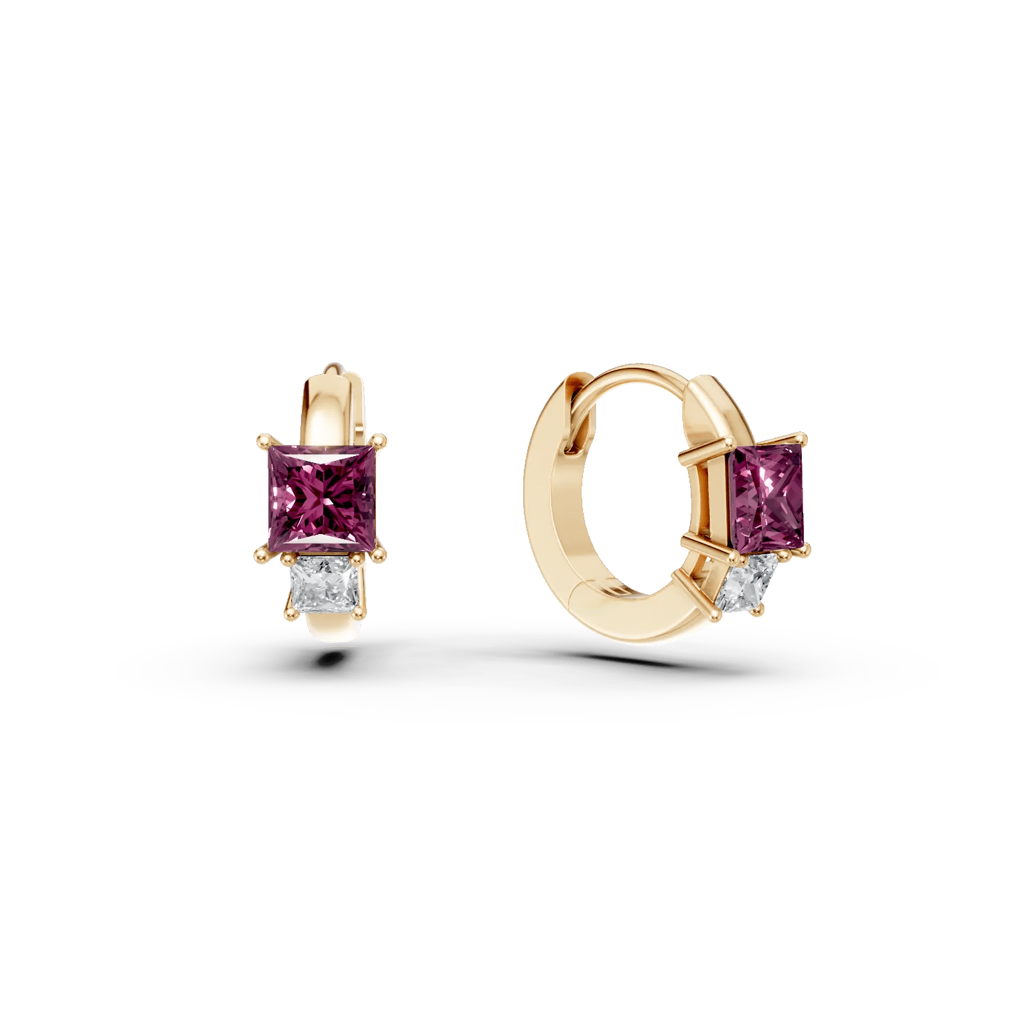 Cercei hoop aur galben cu rubine square 0.3ct și diamante 0.06ct Cercei hoop aur galben cu rubine square 0.3ct și diamante 0.06ct