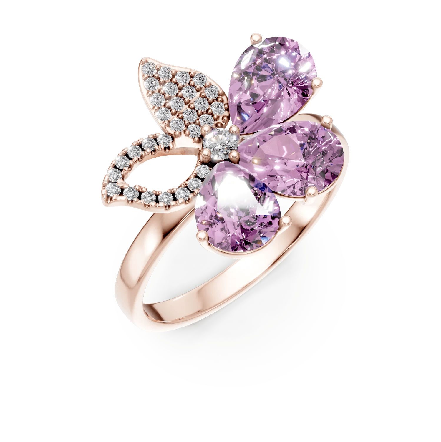 Inel floare din aur roz cu ametiste de 3.3ct și diamante de 0.2ct Inel floare din aur roz cu ametiste de 3.3ct și diamante de 0.2ct
