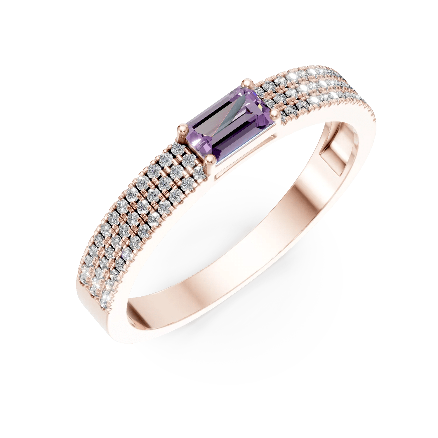 Inel din aur roz cu safir baguette de 0.3ct și diamante de 0.2ct Inel din aur roz cu safir baguette de 0.3ct și diamante de 0.2ct