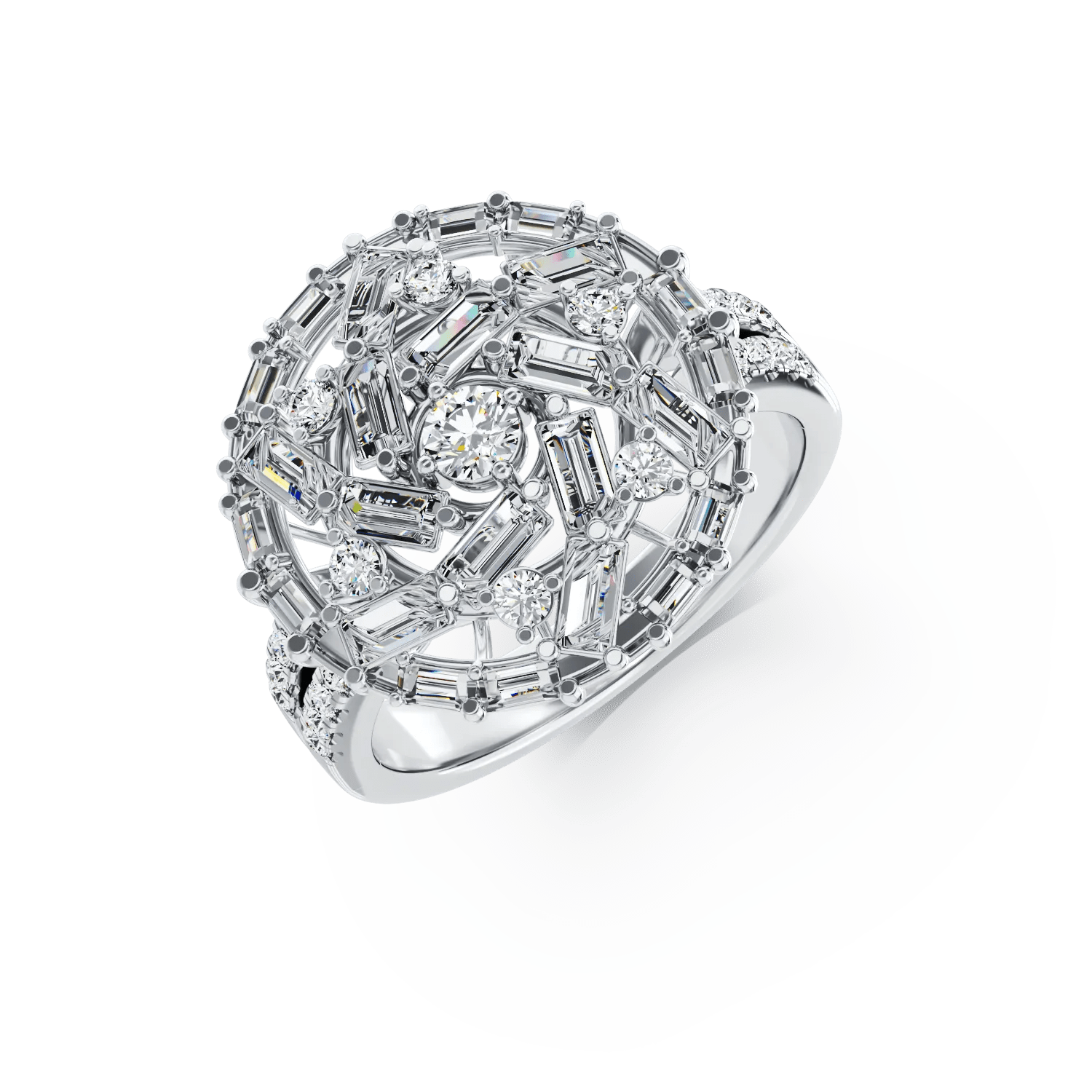 Inel rotund din aur alb cu diamante baguette și rotunde de 1.1ct Inel rotund din aur alb cu diamante baguette și rotunde de 1.1ct