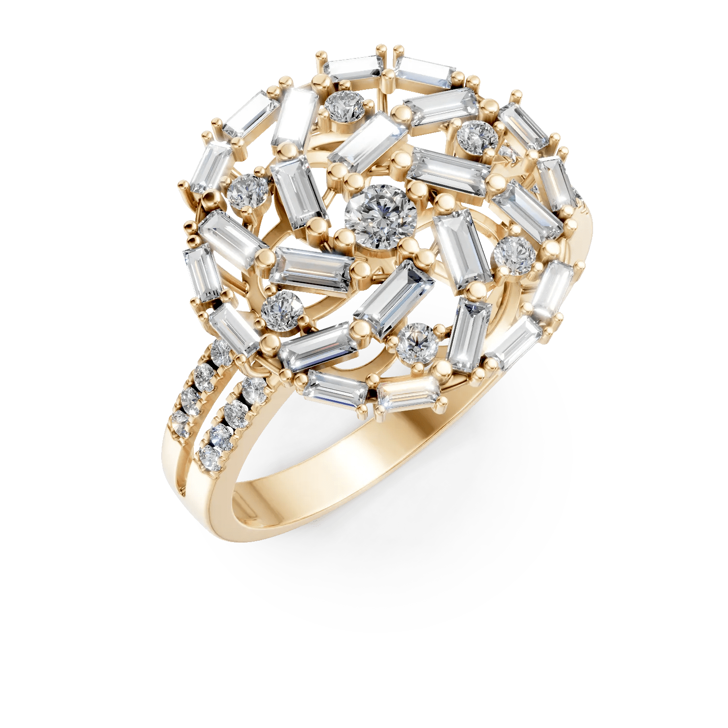 Inel aur galben cu diamante baguette și rotunde de 1.1ct Inel aur galben cu diamante baguette și rotunde de 1.1ct