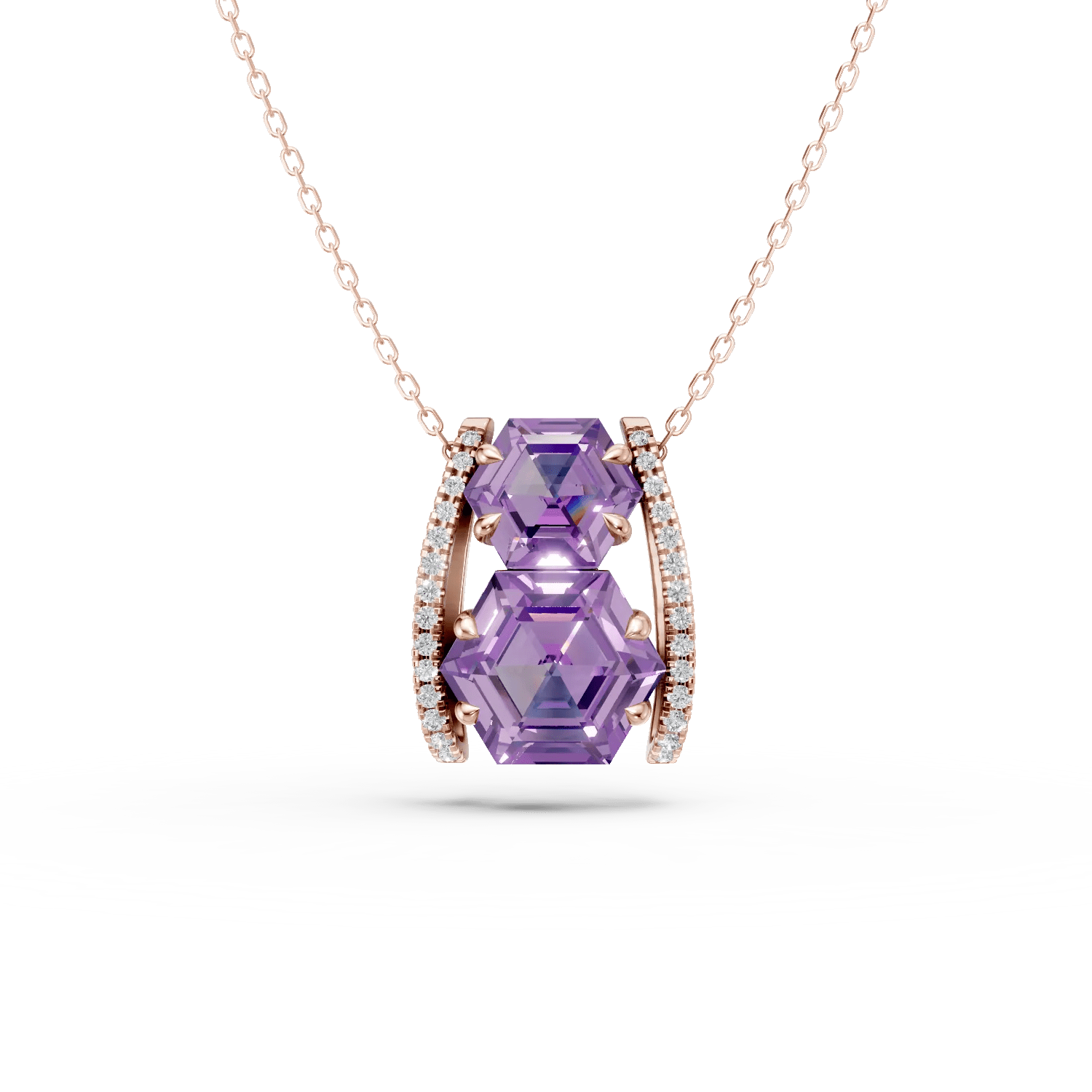 Lanț cu pandantiv geometric din aur roz, ametiste de 3.3ct și diamante de 0.1ct Lanț cu pandantiv geometric din aur roz, ametiste de 3.3ct și diamante de 0.1ct