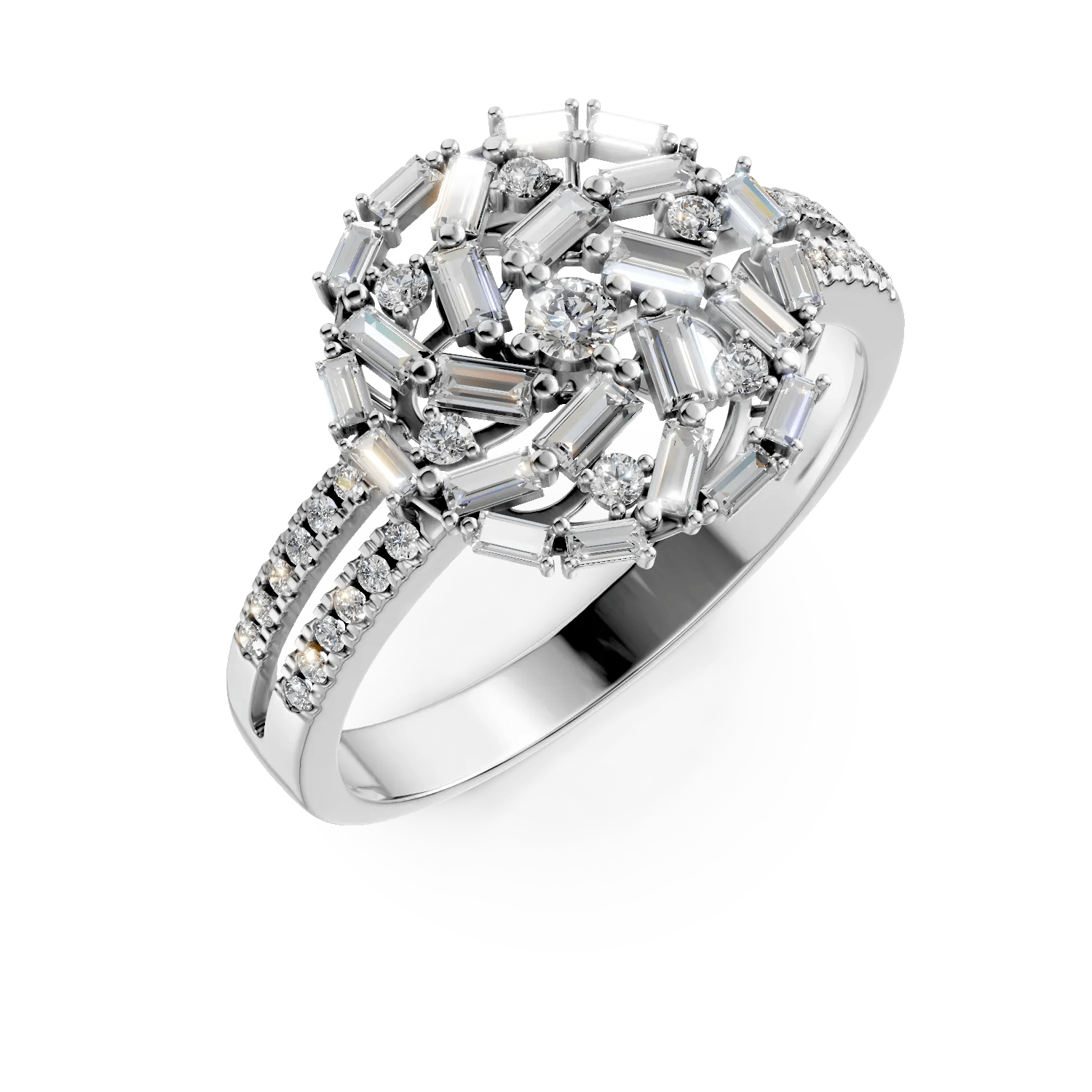 Inel din aur alb cu diamante baguette şi rotunde, 0.8ct Inel din aur alb cu diamante baguette şi rotunde, 0.8ct