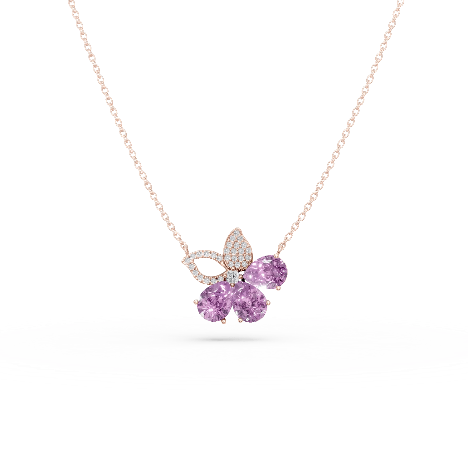Lanț cu pandantiv floare din aur roz, ametiste pear 3.4ct, diamante 0.2ct Lanț cu pandantiv floare din aur roz, ametiste pear 3.4ct, diamante 0.2ct