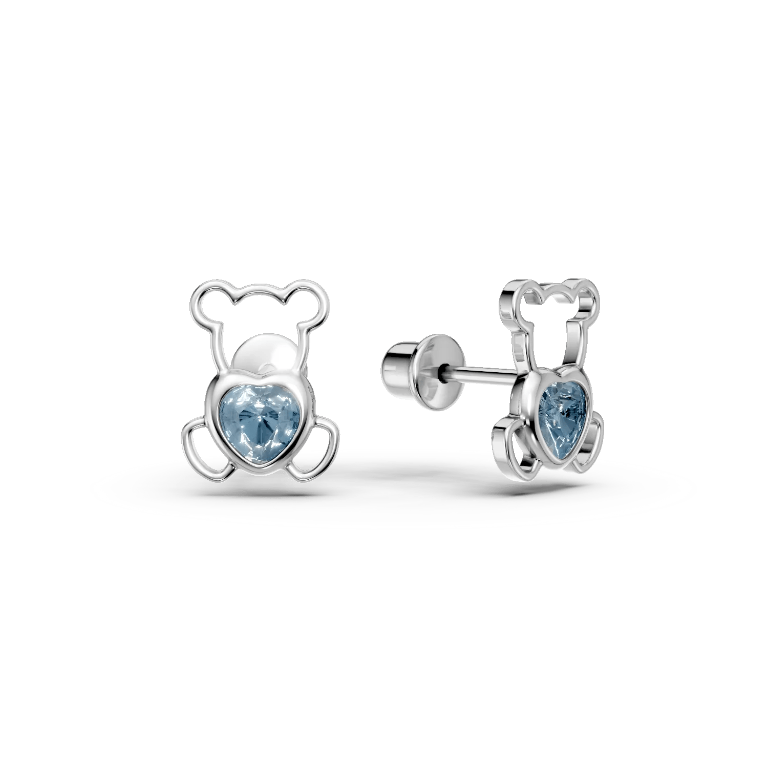 Cercei ursuleț din aur alb cu topaze albastre heart de 0.2ct pentru copii Cercei ursuleț din aur alb cu topaze albastre heart de 0.2ct pentru copii