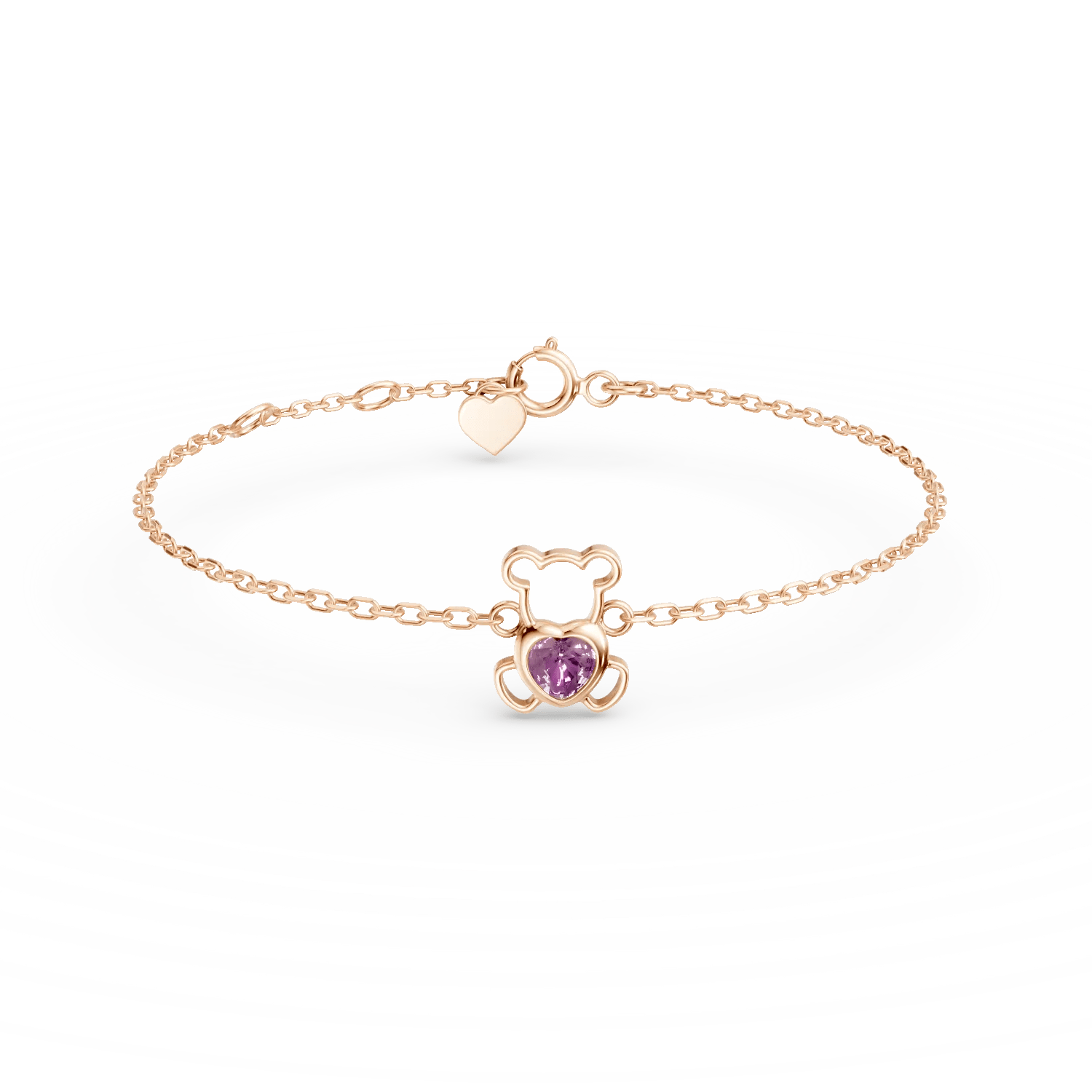 Brățară cu pandantiv ursuleț din aur roz cu safir roz heart de 0.1ct pentru copii Brățară cu pandantiv ursuleț din aur roz cu safir roz heart de 0.1ct pentru copii
