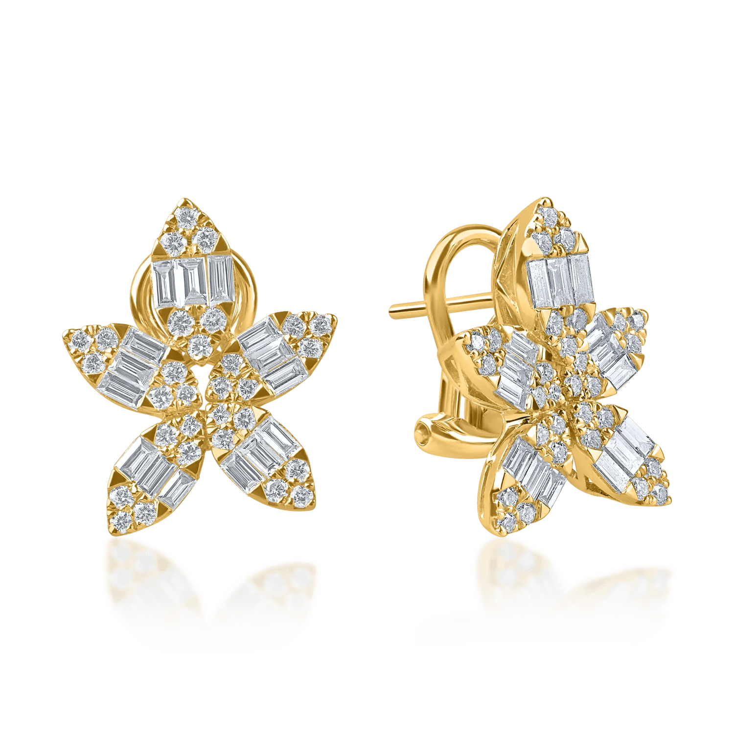 Cercei flori din aur galben cu diamante baguette și rotunde de 1.4ct Cercei flori din aur galben cu diamante baguette și rotunde de 1.4ct