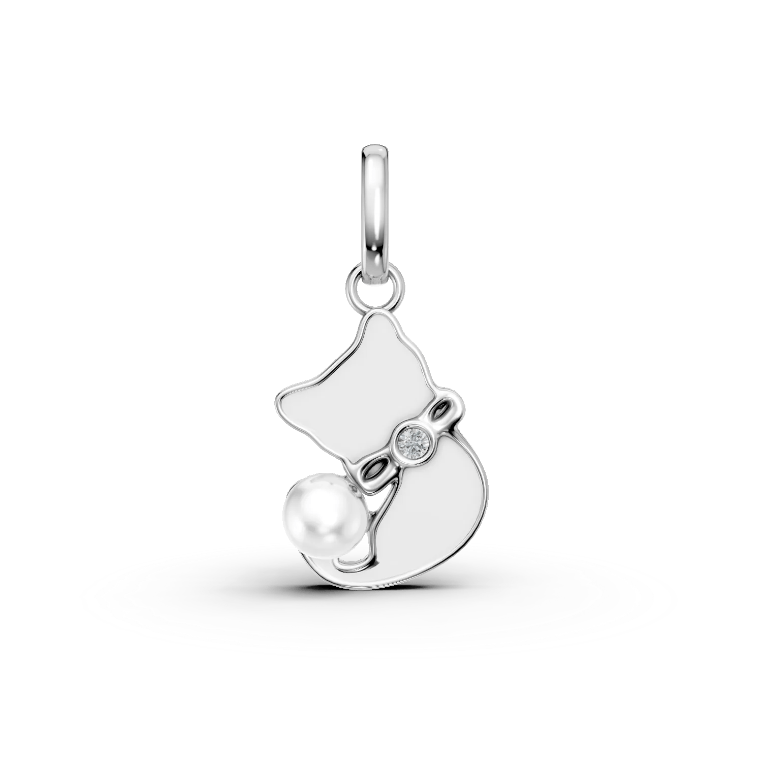 Pandantiv pisică din aur alb cu diamante de 0.03ct și perlă sintetică Pandantiv pisică din aur alb cu diamante de 0.03ct și perlă sintetică