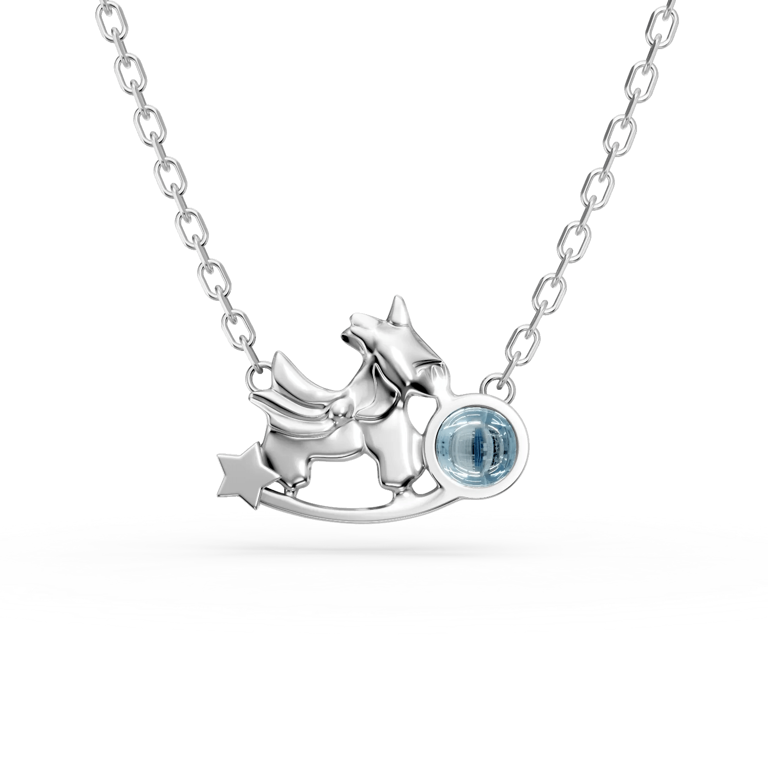 Lanț cu pandantiv unicorn din aur alb cu topaz albastru de 0.1ct pentru copii Lanț cu pandantiv unicorn din aur alb cu topaz albastru de 0.1ct pentru copii