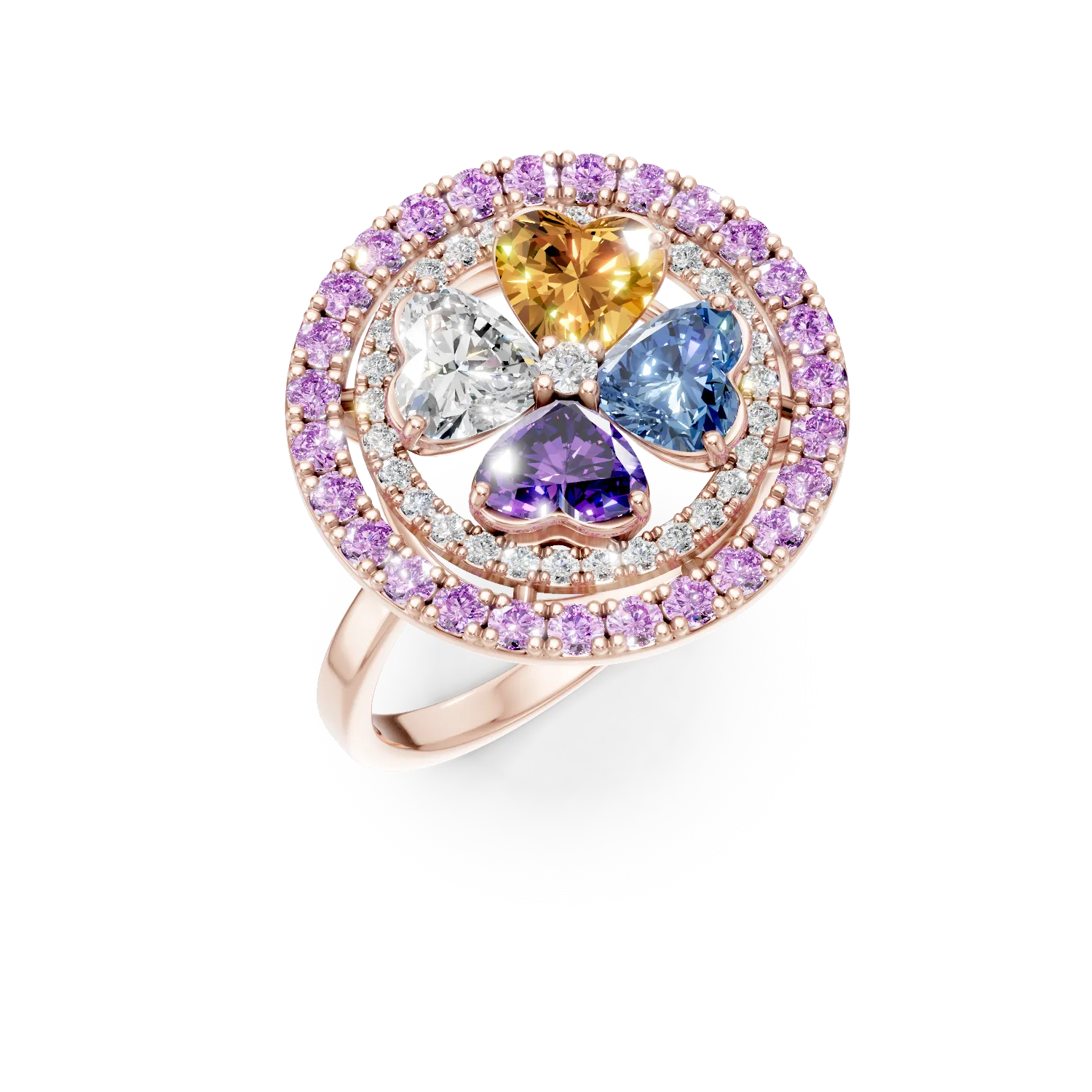 Inel floare din aur roz cu pietre prețioase și semiprețioase de 3.1ct Inel floare din aur roz cu pietre prețioase și semiprețioase de 3.1ct