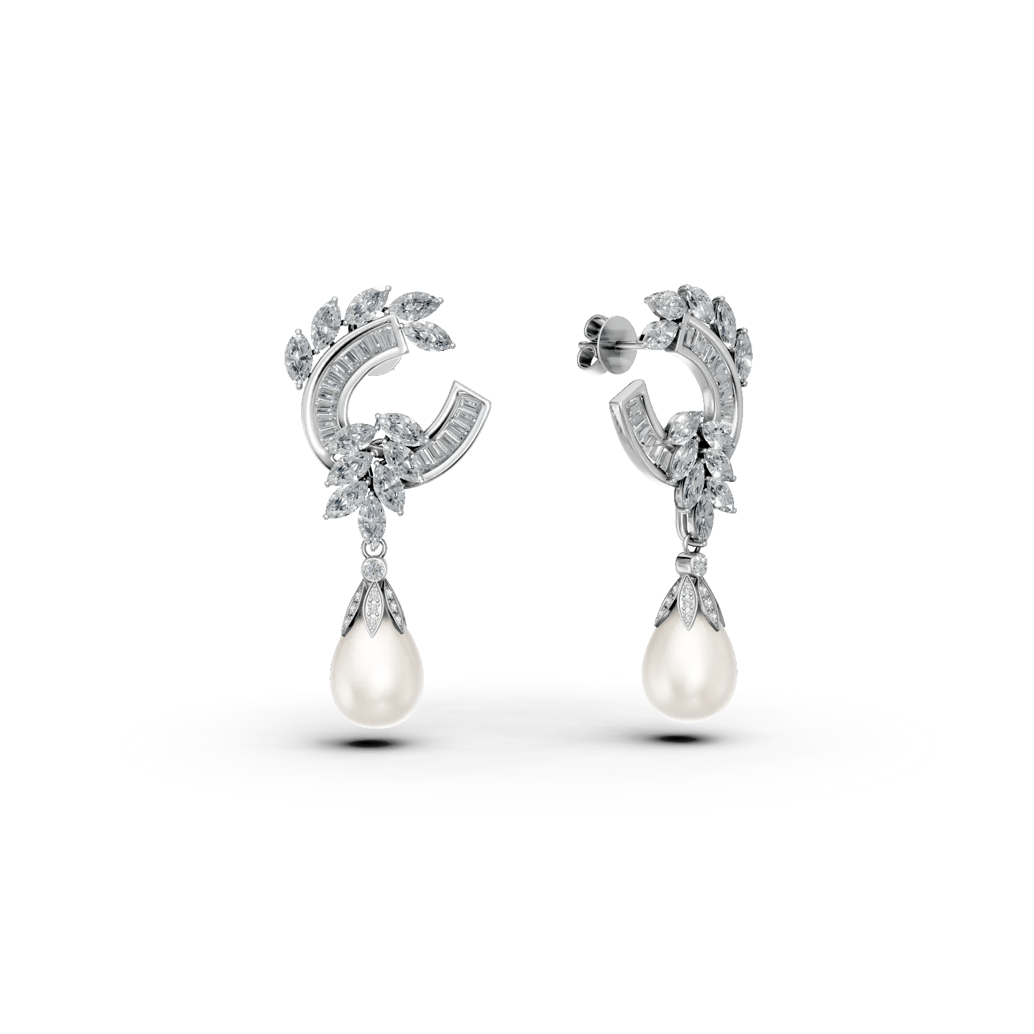 Cercei din aur alb cu diamante de 1.9ct și perle de cultură Cercei din aur alb cu diamante de 1.9ct și perle de cultură