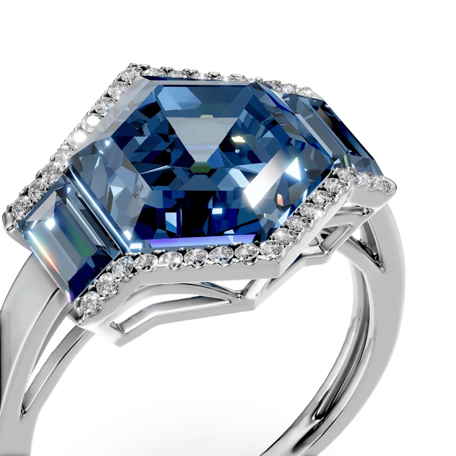 Inel geometric din aur alb cu topaze și diamante – Teilor Inel geometric din aur alb cu topaze și diamante - Teilor