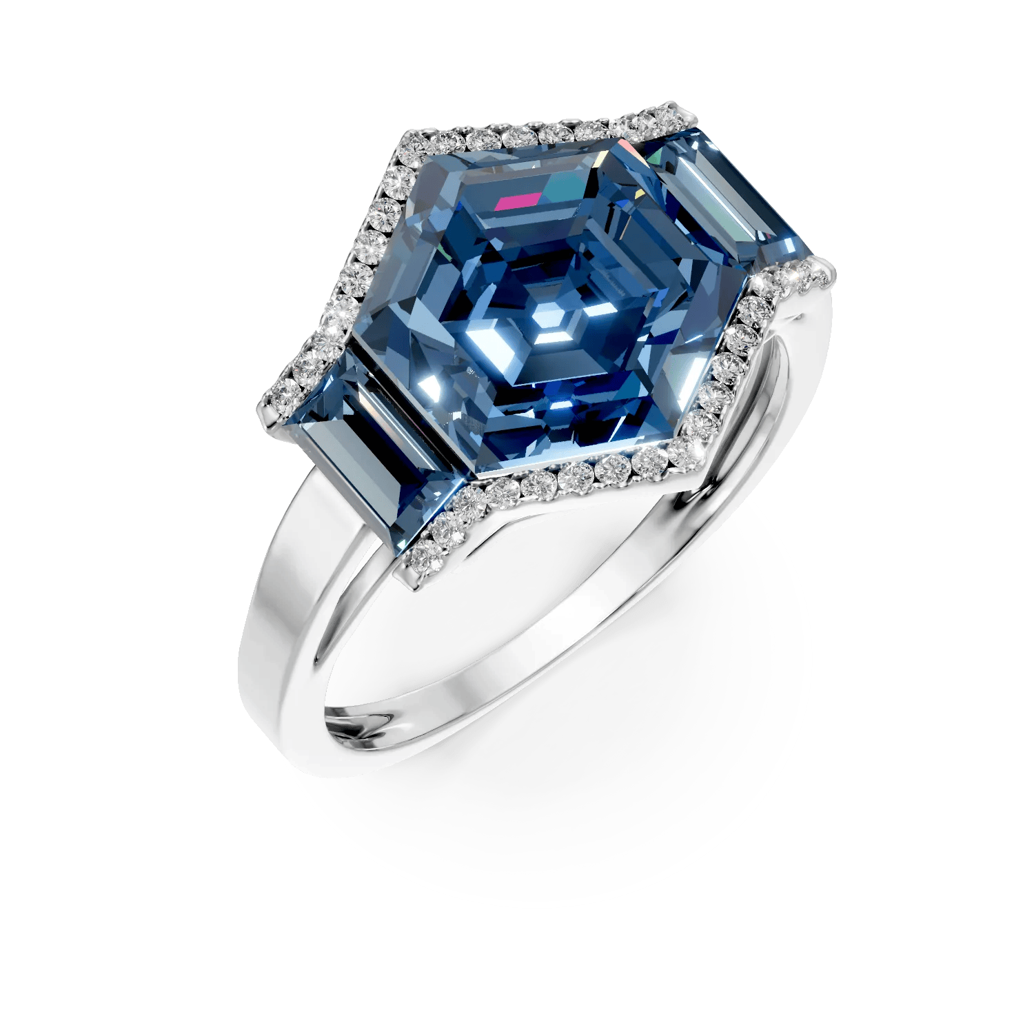 Inel geometric din aur alb cu topaze hexagonale și baguette de 7.1ct și diamante de 0.1ct – Teilor Inel geometric din aur alb cu topaze hexagonale și baguette de 7.1ct și diamante de 0.1ct – Teilor
