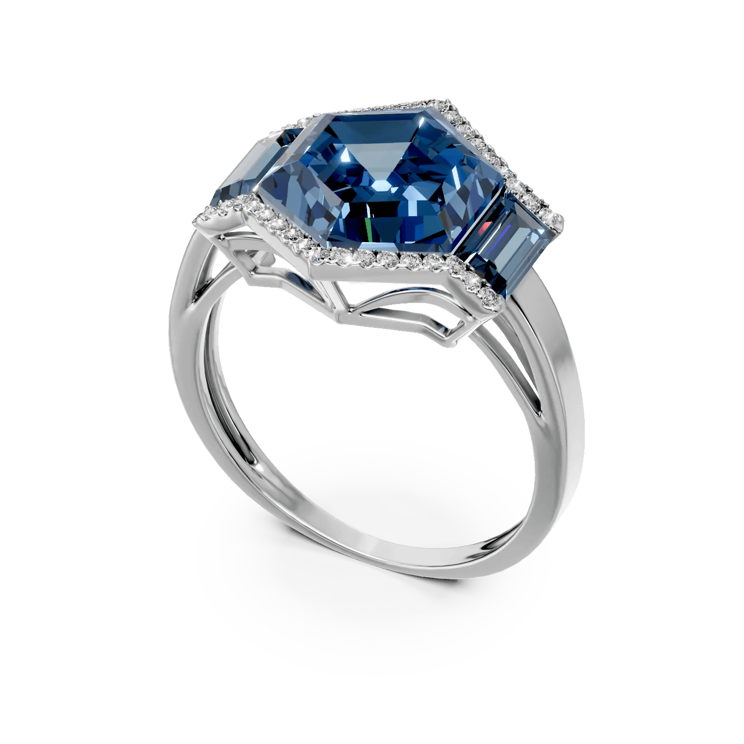 Inel geometric din aur alb cu topaze și diamante – Teilor Inel geometric din aur alb cu topaze și diamante - Teilor