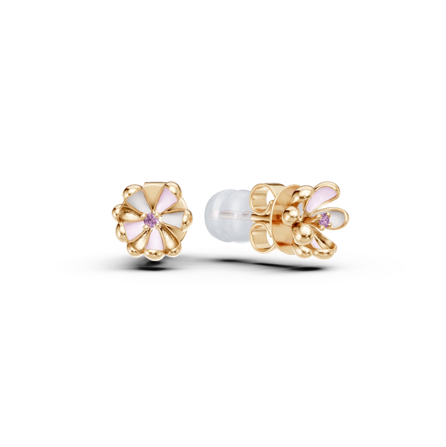 Cercei din aur galben cu model de floare de tei și safire roz de 0.03ct pentru copii Cercei din aur galben cu model de floare de tei și safire roz de 0.03ct pentru copii