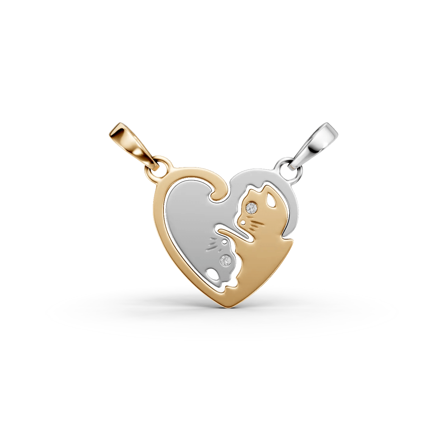 Pandantiv dublu pisici din aur alb-galben cu diamante 0.004ct pentru copii Pandantiv dublu pisici din aur alb-galben cu diamante 0.004ct pentru copii