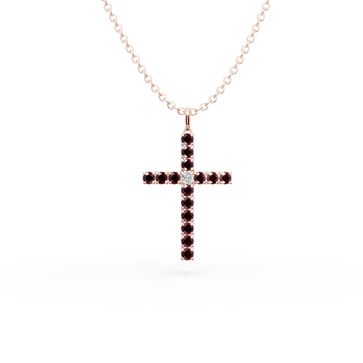 Lănțișor cu pandantiv cruce din aur roz, rubine de 1.3ct și diamant de 0.07ct Lănțișor cu pandantiv cruce din aur roz, rubine de 1.3ct și diamant de 0.07ct