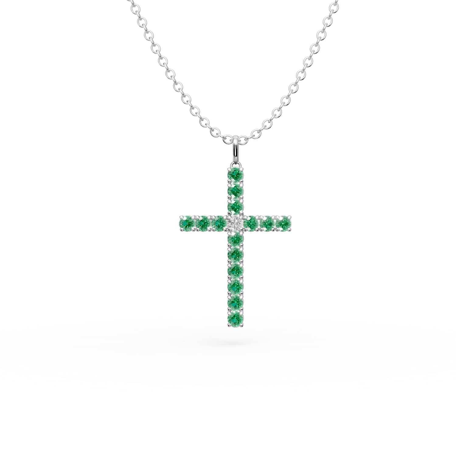 Lanț cu pandantiv cruce din aur alb, smaralde 1.1ct și diamant 0.07ct Lanț cu pandantiv cruce din aur alb, smaralde 1.1ct și diamant 0.07ct
