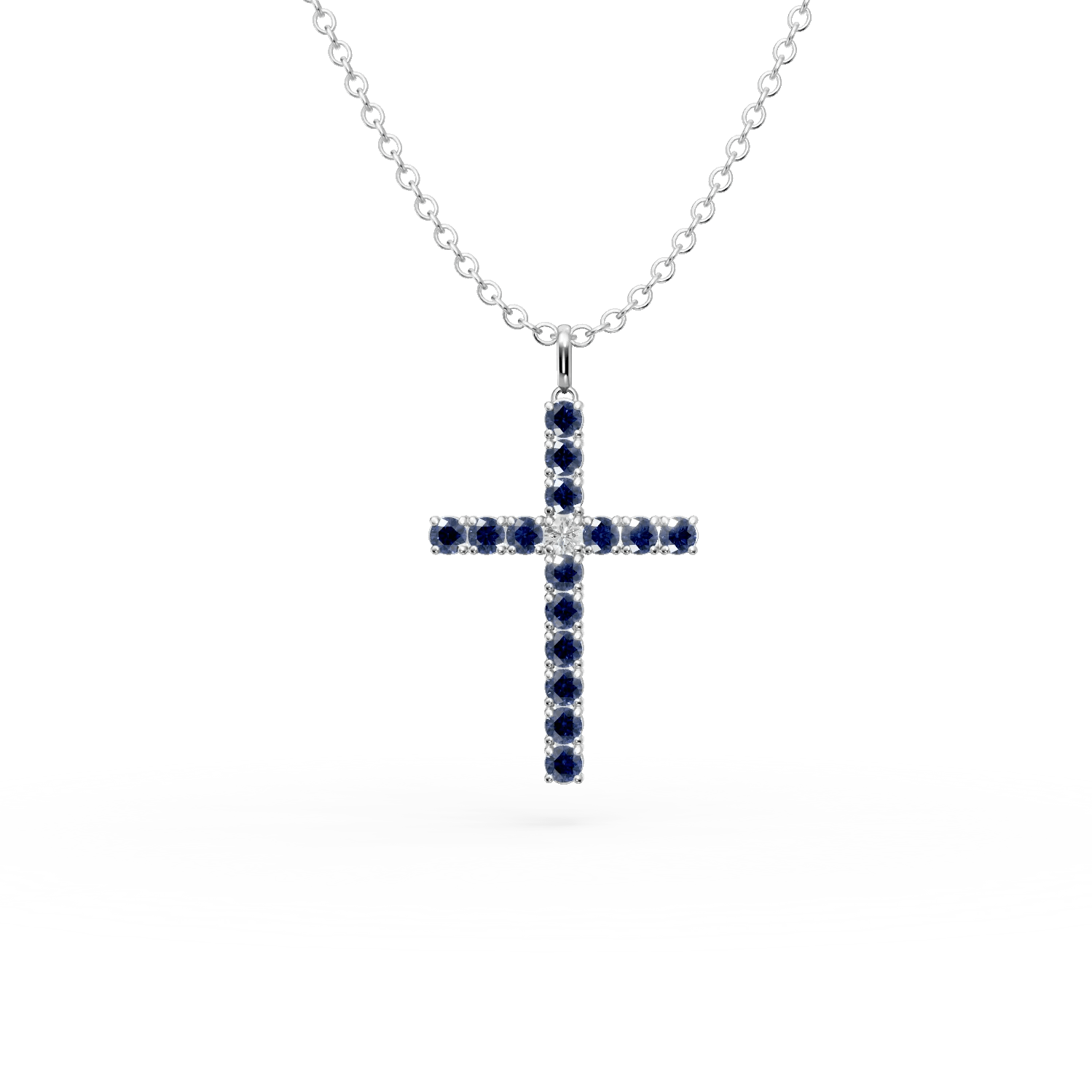 Lant cu pandantiv cruce din aur alb cu safire 1.2ct și diamant 0.07ct Lant cu pandantiv cruce din aur alb cu safire 1.2ct și diamant 0.07ct