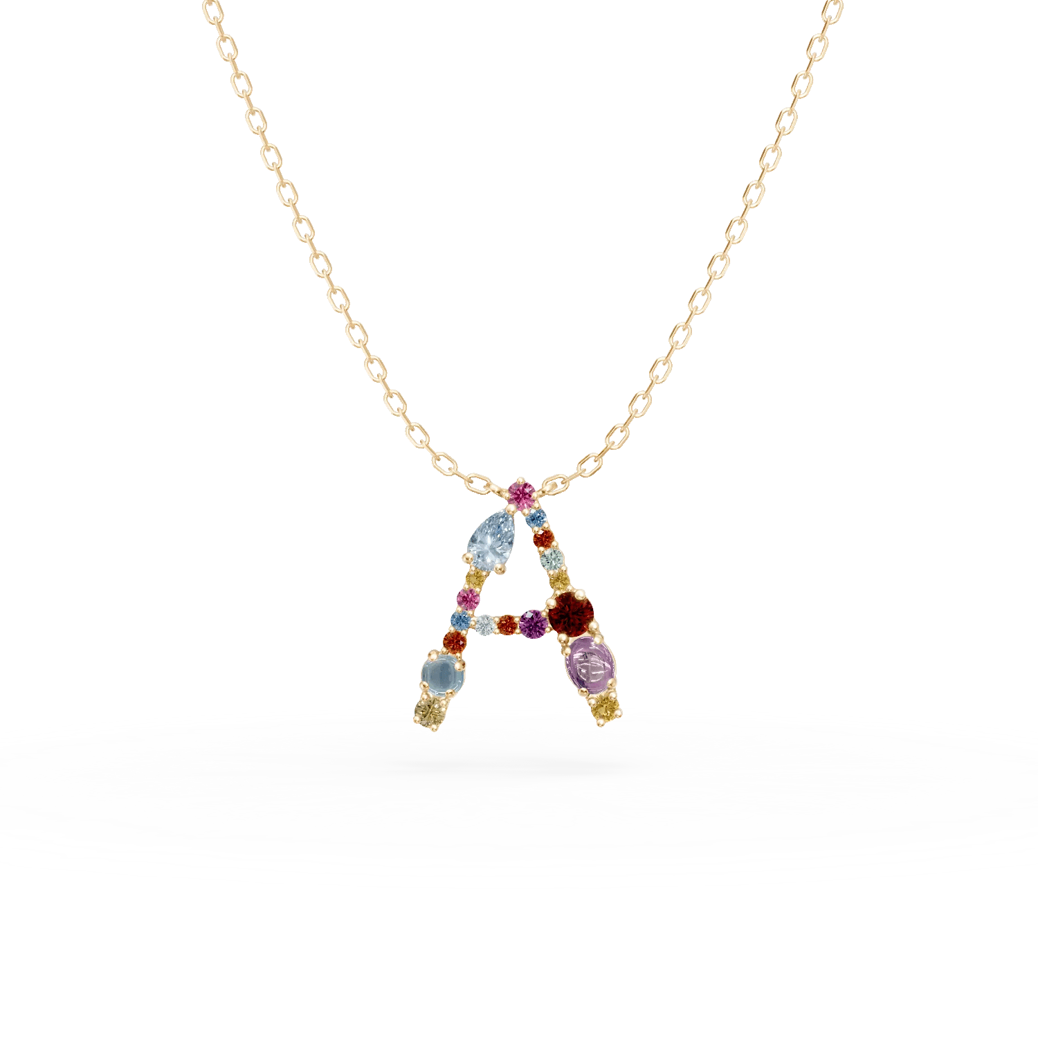 Lanţ cu pandantiv iniţiala a din aur galben, pietre preţioase şi semipreţioase 1ct Lanţ cu pandantiv iniţiala a din aur galben, pietre preţioase şi semipreţioase 1ct