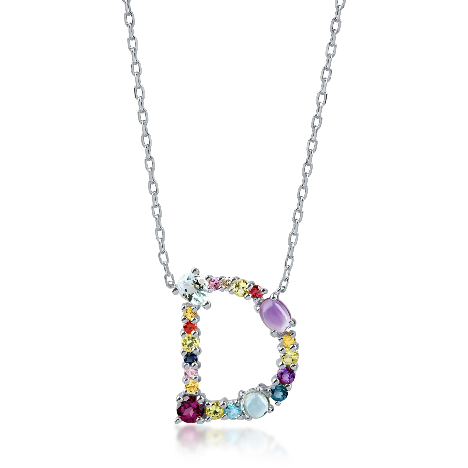 Lanț cu pandantiv inițiala d din aur alb, 1.2ct pietre prețioase și semiprețioase Lanț cu pandantiv inițiala d din aur alb, 1.2ct pietre prețioase și semiprețioase