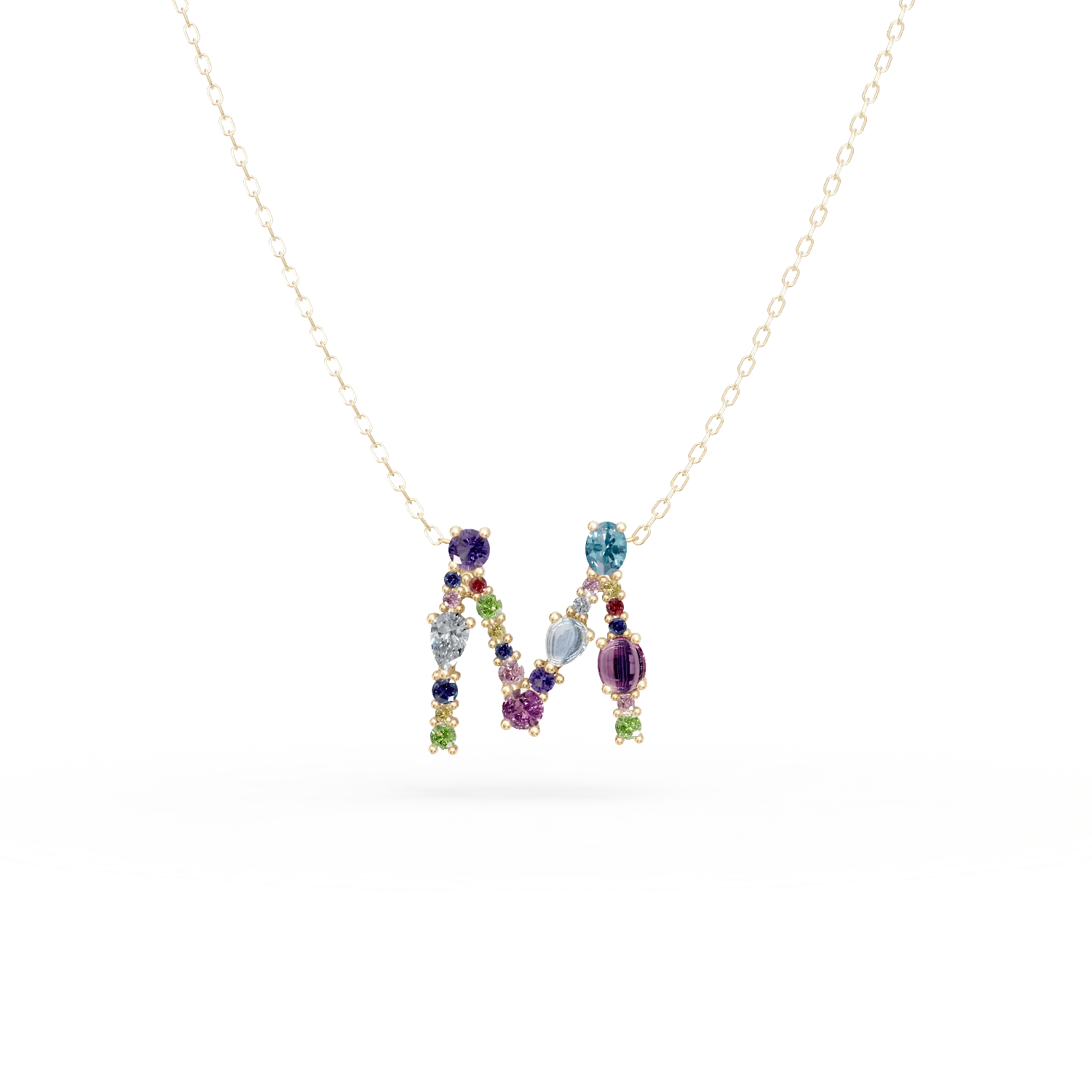 Lanț cu pandantiv literă m din aur galben, cu pietre prețioase și semiprețioase de 1.6ct Lanț cu pandantiv literă m din aur galben, cu pietre prețioase și semiprețioase de 1.6ct