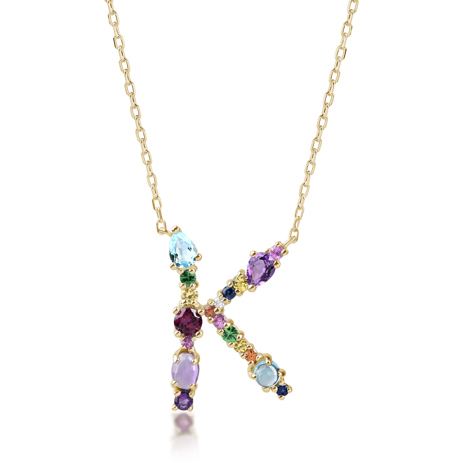 Lanț pandantiv inițiala k, aur galben, 2.2ct pietre prețioase și semiprețioase Lanț pandantiv inițiala k, aur galben, 2.2ct pietre prețioase și semiprețioase