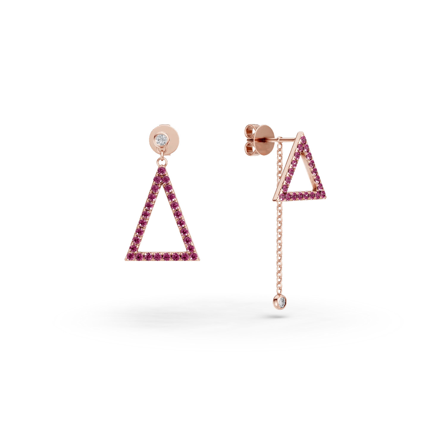 Cercei geometrici din aur roz cu safire roz de 0.5ct și diamante de 0.07ct Cercei geometrici din aur roz cu safire roz de 0.5ct și diamante de 0.07ct