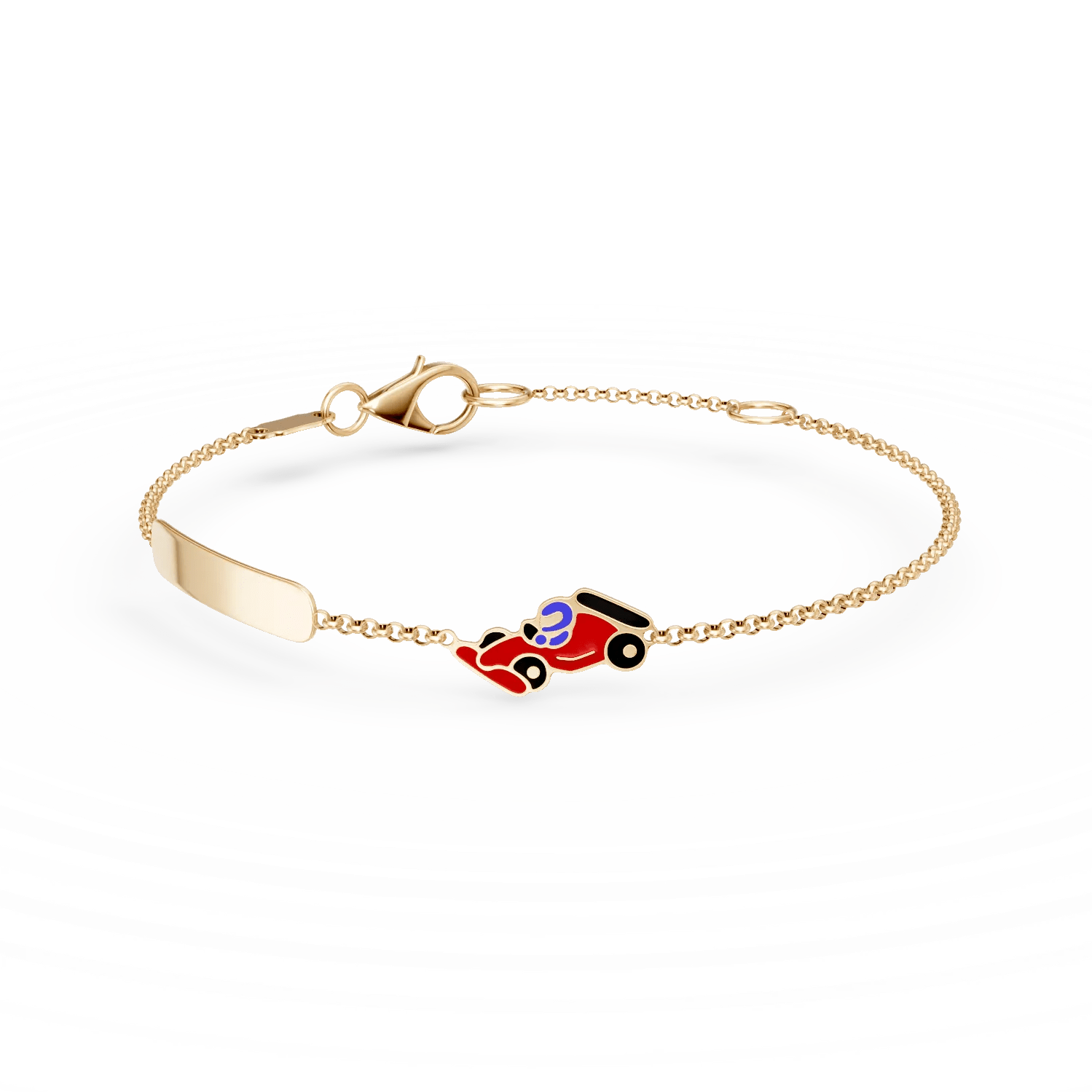 Brăţară aur galben copii cu pandantiv mașinuță și plăcuță pentru gravare Brăţară aur galben copii cu pandantiv mașinuță și plăcuță pentru gravare