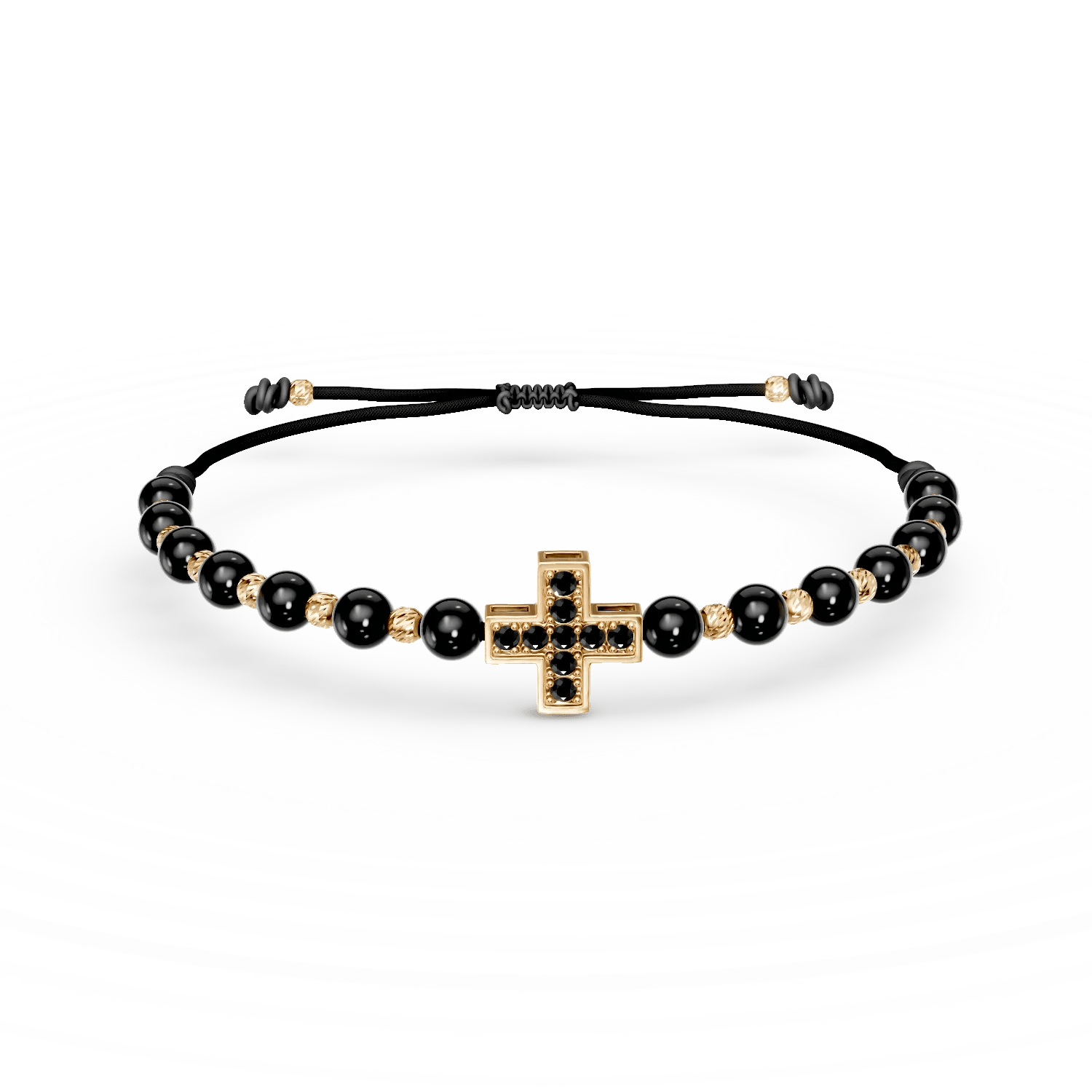 Brățară cu șnur și pandantiv cruce din aur galben cu zirconii negre Brățară cu șnur și pandantiv cruce din aur galben cu zirconii negre