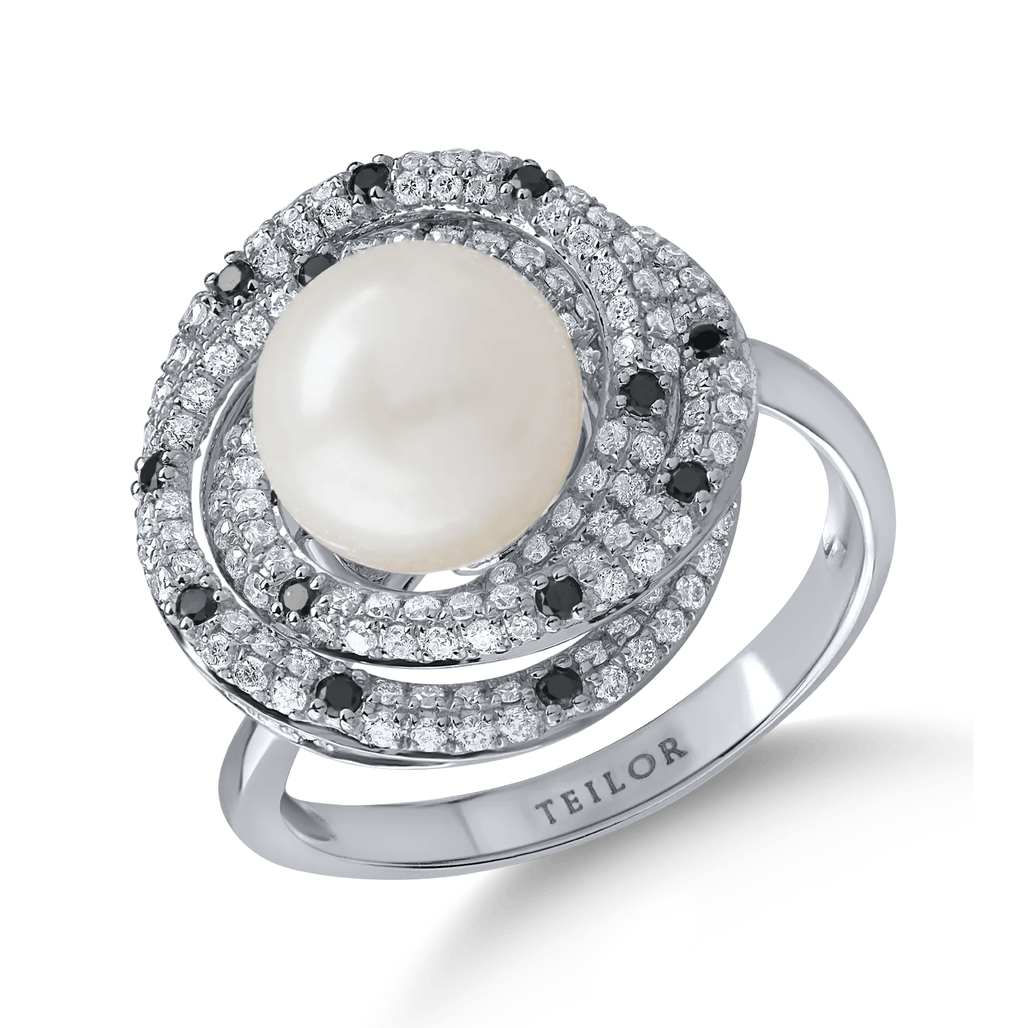 Inel din aur alb cu diamante negre și incolore de 0.7ct și perlă de cultură – Teilor Inel din aur alb cu diamante negre și incolore de 0.7ct și perlă de cultură – Teilor
